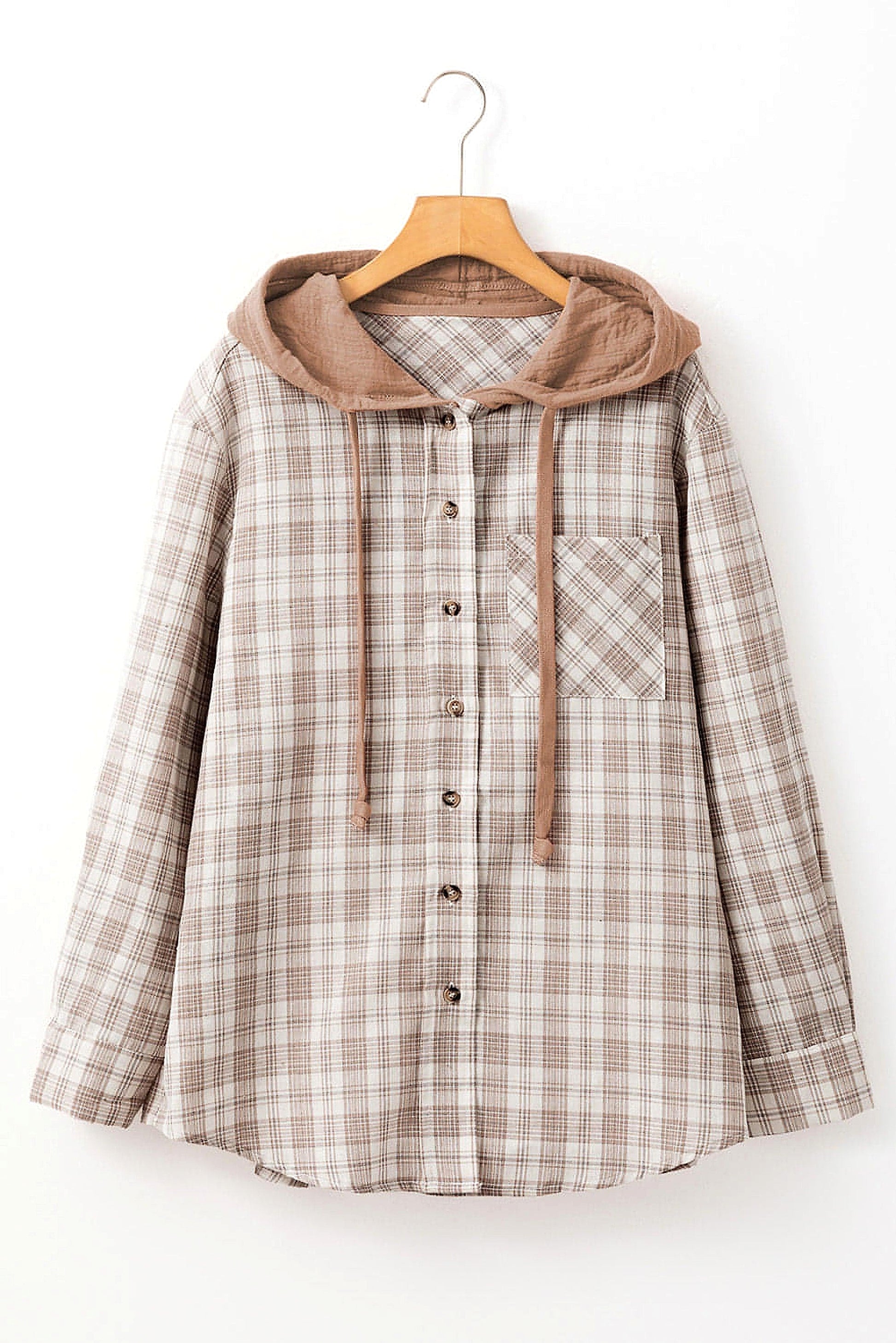 Khaki Checkered Print Loose Fit Buttoned Hooded Shacket - enhanced image 12