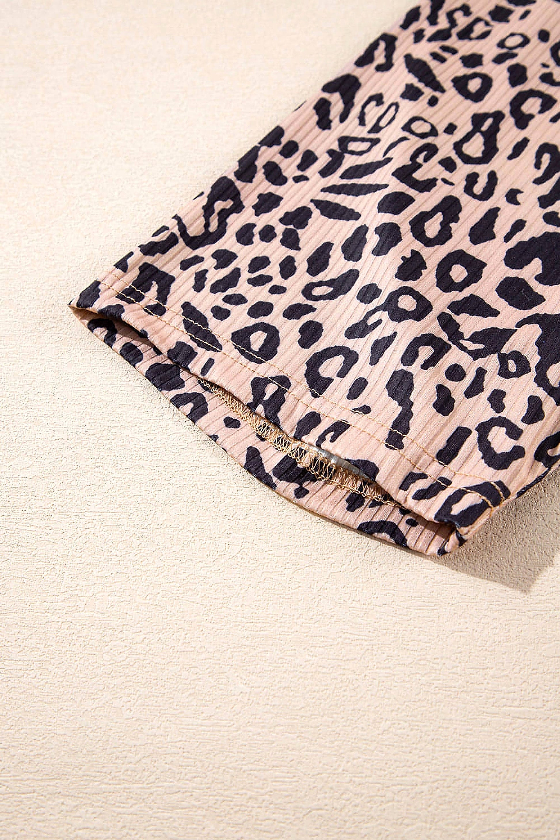 Khaki Leopard Print Ribbed Textured Knit Biker Shorts - enhanced image 12
