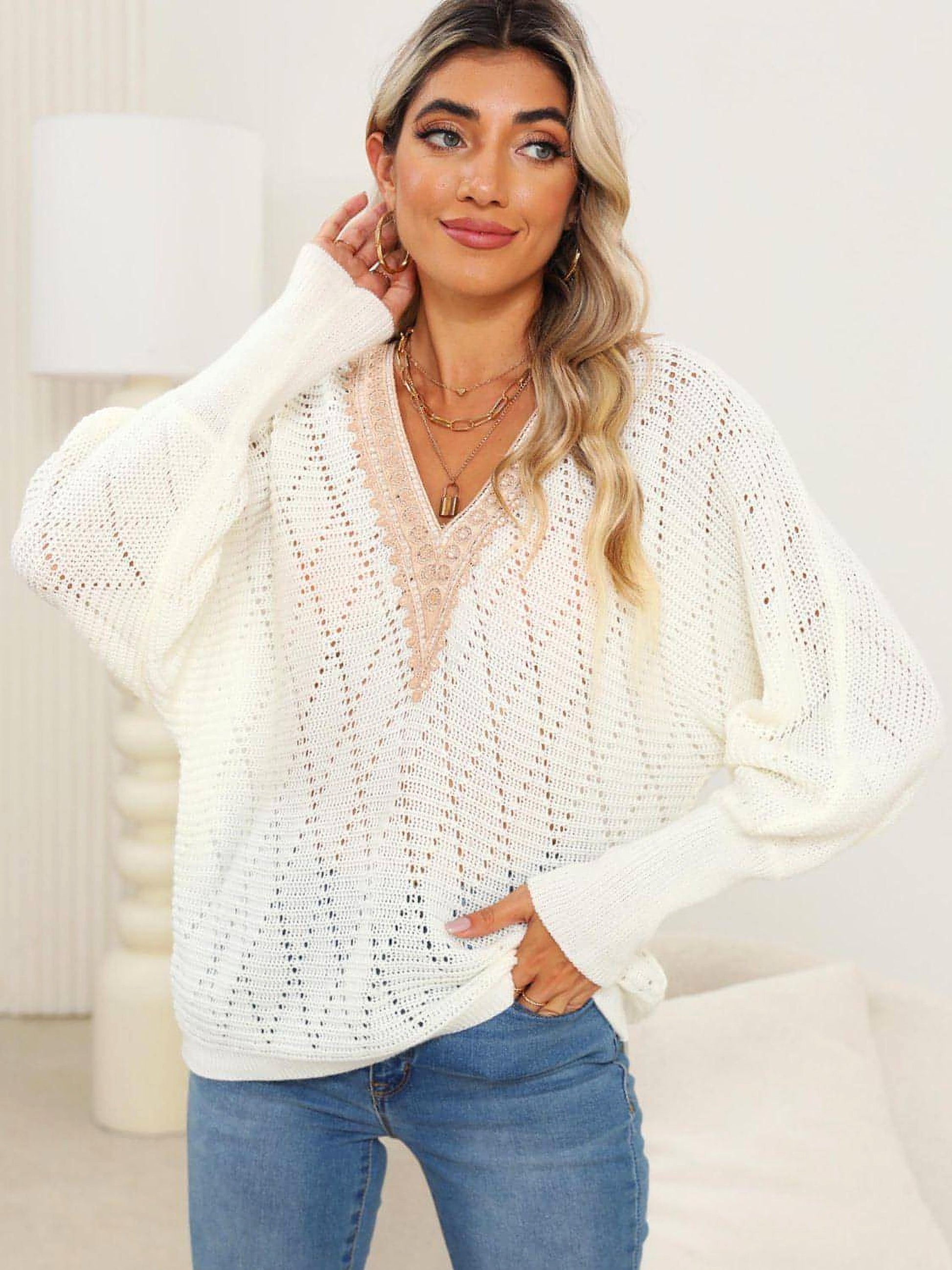 Lace Detail V-Neck Long Sleeve Sweater - enhanced image 12