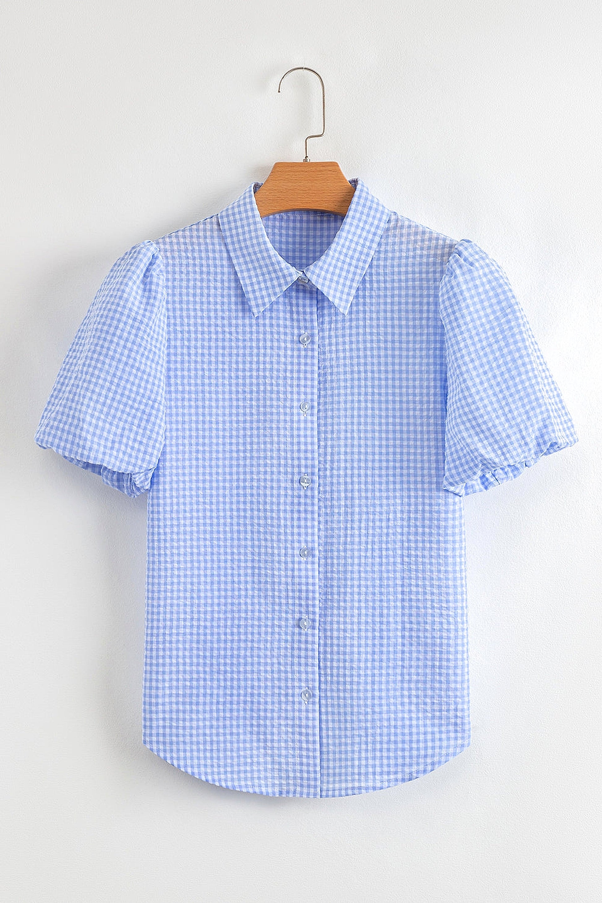 Light Blue Gingham Short Puff Sleeve Button Up Shirt - enhanced image 12