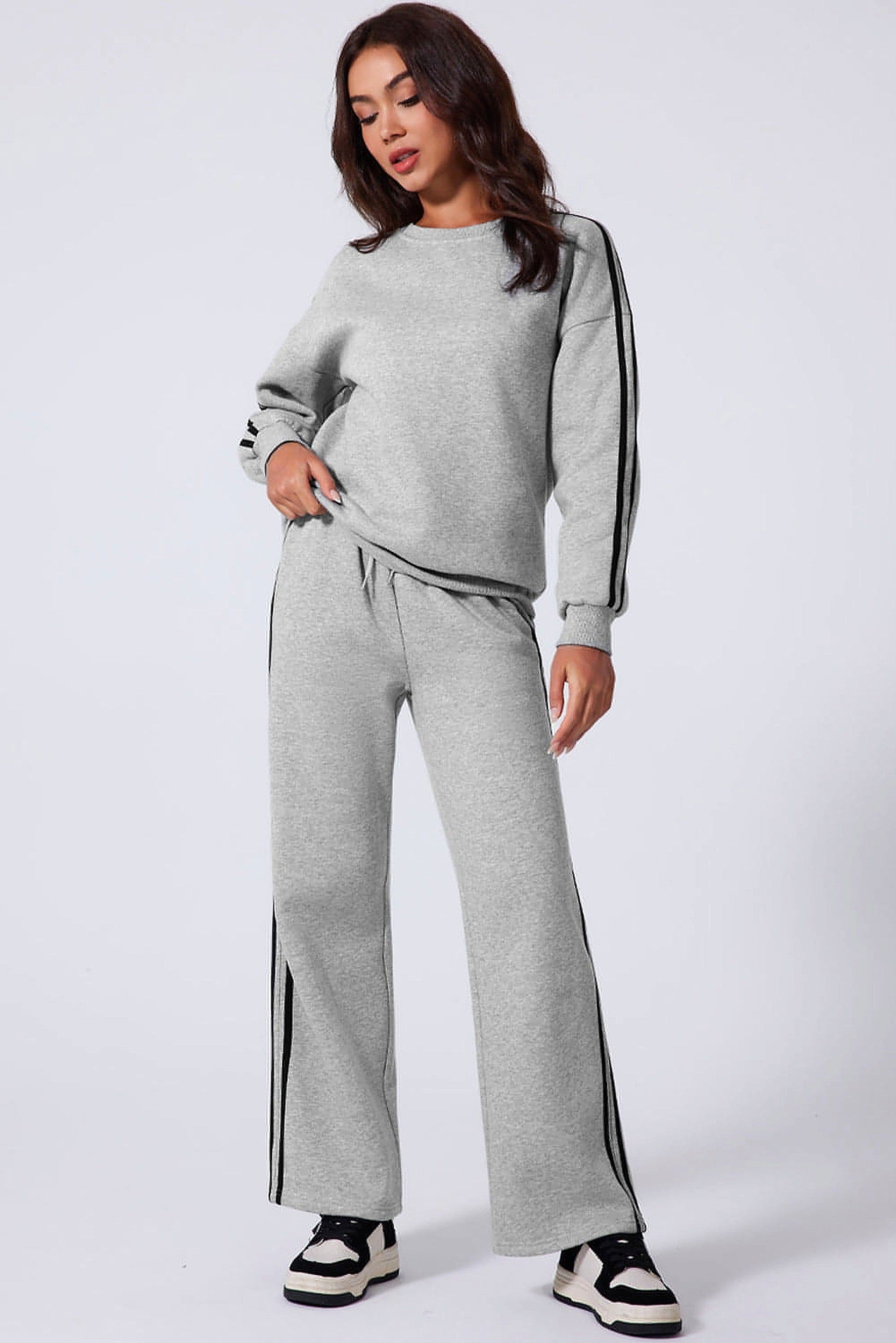 Light Grey Solid Color Side Striped Sweatshirt Active Set - enhanced image 12
