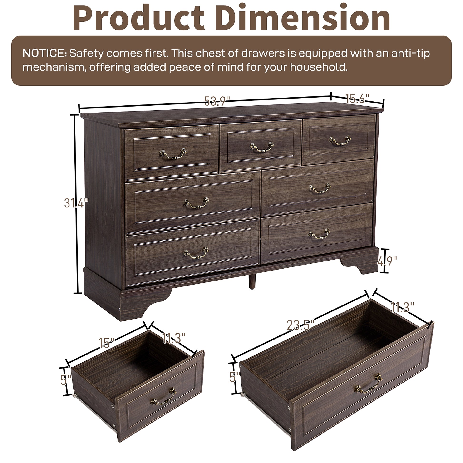 Lunelux™ – 7-Drawer Chest of Drawers (P2 MDF, Walnut Finish) - enhanced image 12