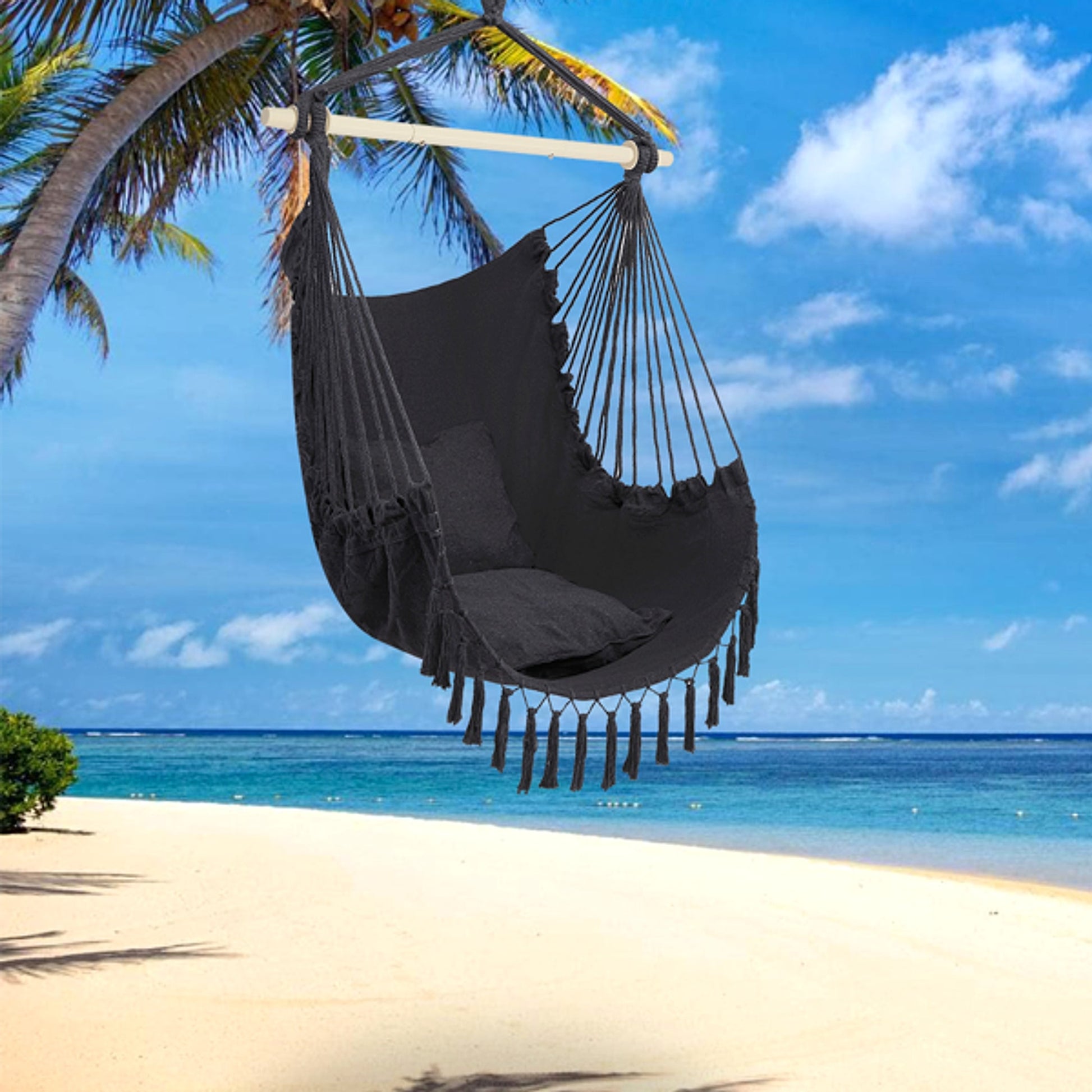 LuneluX – Boho Hanging Chair with Fringe & Cushions (Gray) - enhanced image 12