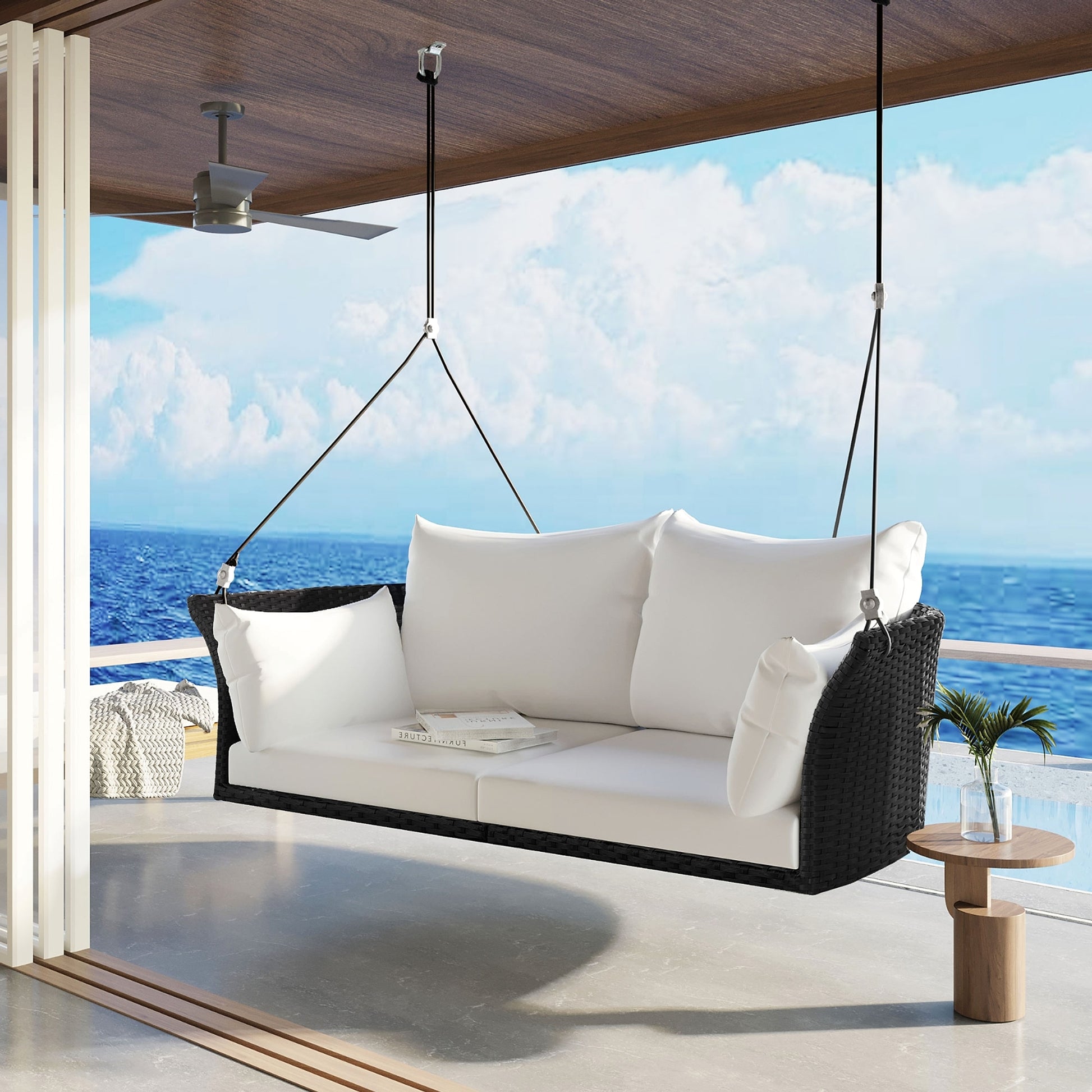 LuneluX_Home – Hanging Rattan Porch Swing for 2 (Black Wicker + White Cushions) - enhanced image 12