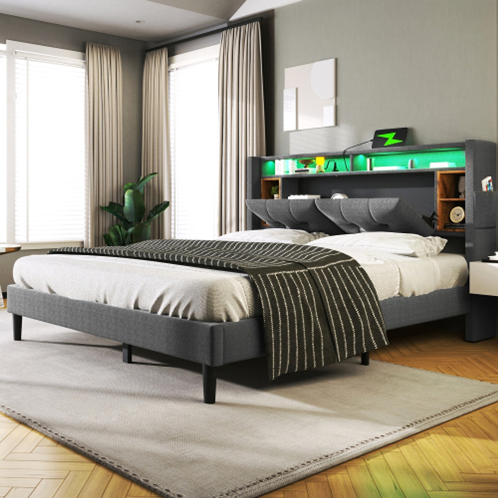 LuneluX_Home – Solid Wood Storage Bed with USB Charging Ports & LED Light (160×200 cm, Gray) - enhanced image 12
