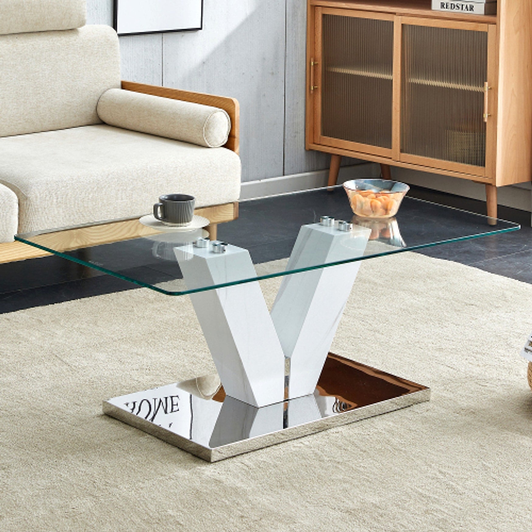 LuxeGlass™ – Modern Minimalist Coffee Table with Tempered Glass Top & Silver Pillars (US Warehouse) - enhanced image 12
