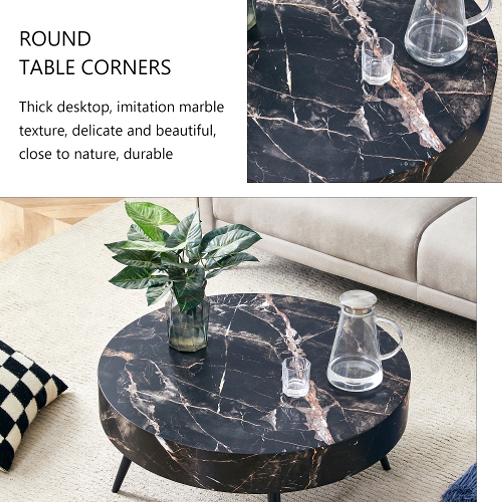 LuxeHome™ – 31.5" Black Marble Round Coffee Table with Adjustable Metal Legs (US Warehouse) - enhanced image 12