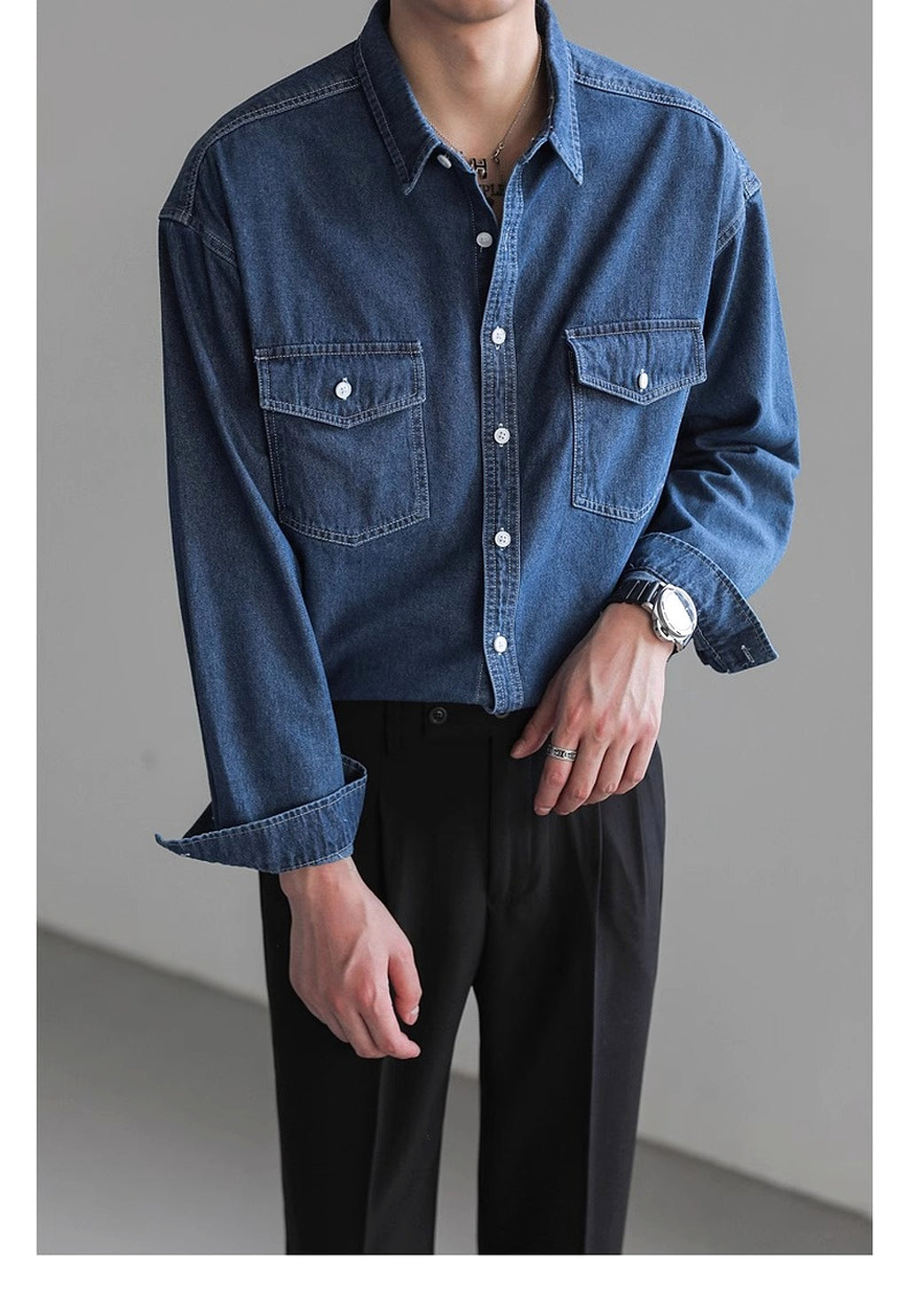 Minority Simple Long Sleeve Denim DressShirt Men's Loose - enhanced image 12