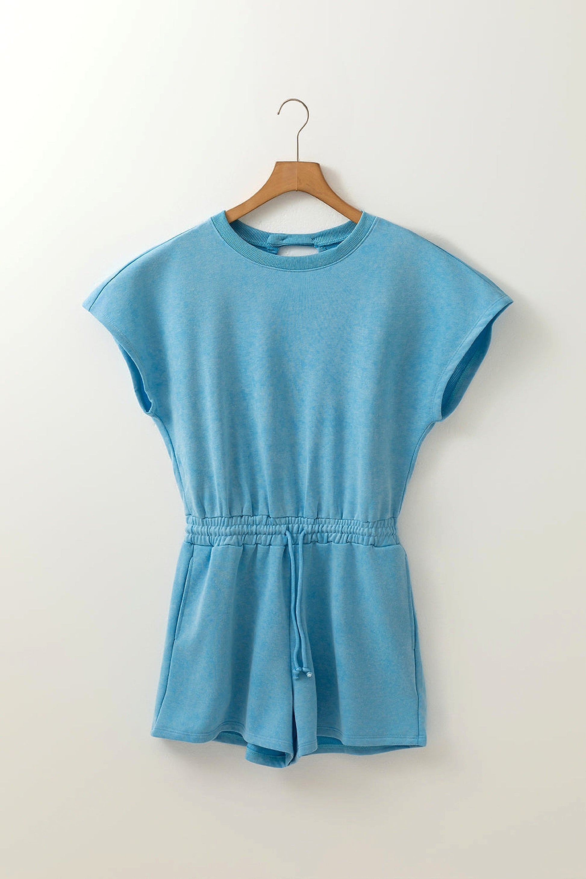 Mist Blue Mineral Wash Drawstring Waist Hollow Out Back Short Sleeve Romper - enhanced image 12