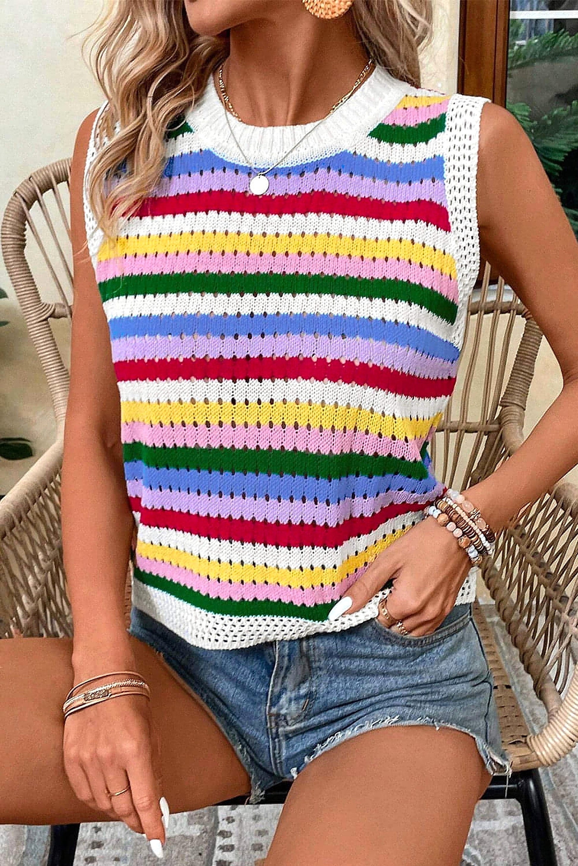 Multicolour Striped Knitted Eyelet Slim Sweater Vest - enhanced image 12