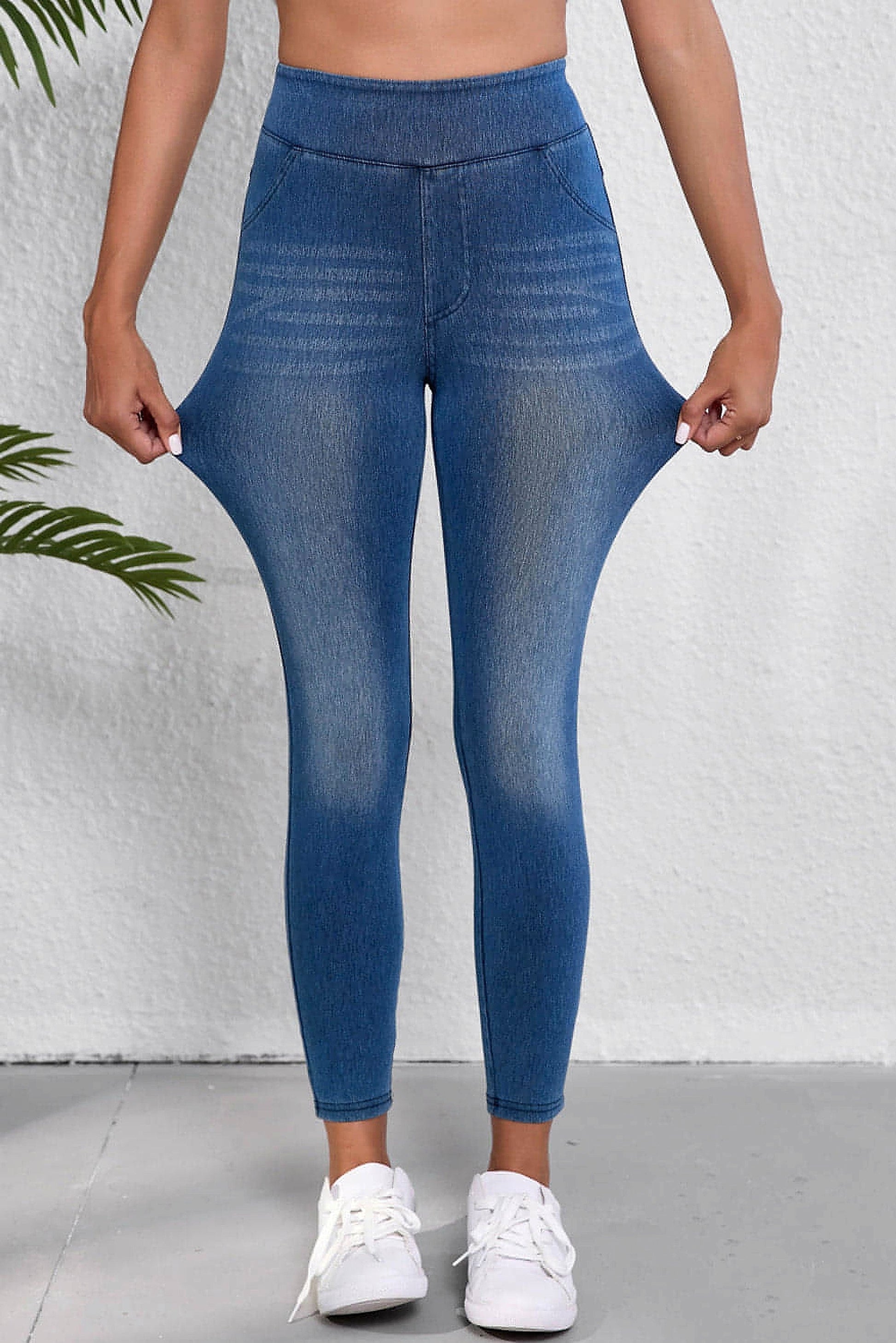 Navy Blue Skinny Elastic Waist Ankle Length Mid Waist Jeggings with Pockets - enhanced image 12