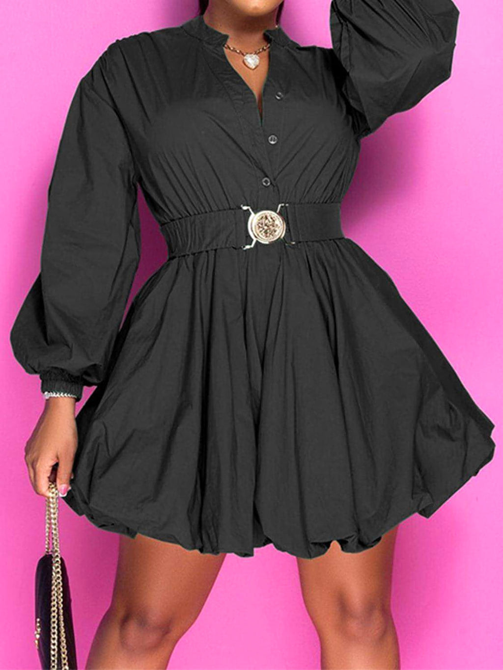 Notched Button Up Balloon Sleeves Dress - enhanced image 12