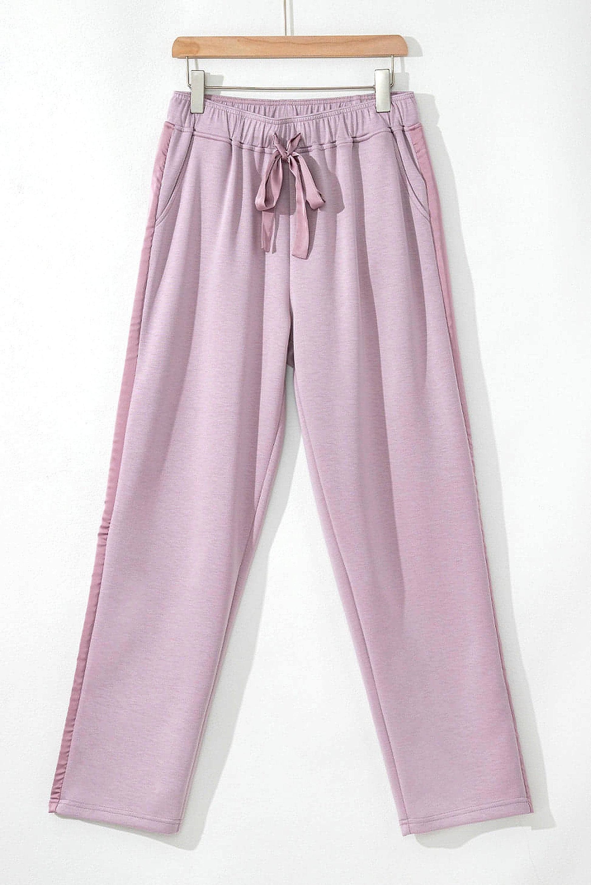 Orchid Petal Drawstring Waist Satin Stripe Patch Straight Leg High Waist Pants - enhanced image 12