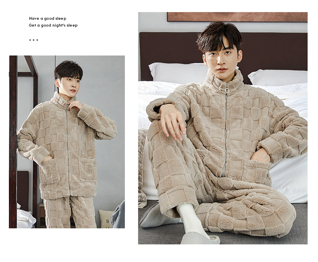 Pajamas Men's Jacquard Flannel Loose Fleece-lined Warm Loungewear - enhanced image 12