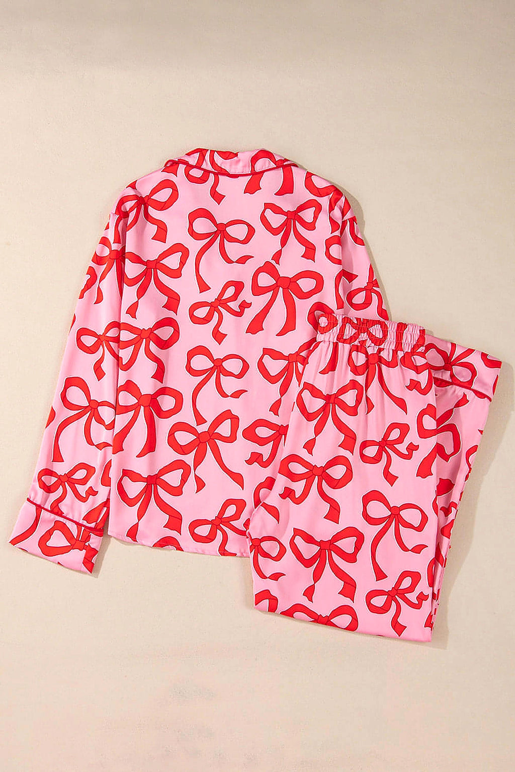 Pink 2pcs Bow Print Shirt Style Long Sleeve Pajama Set - enhanced image 12