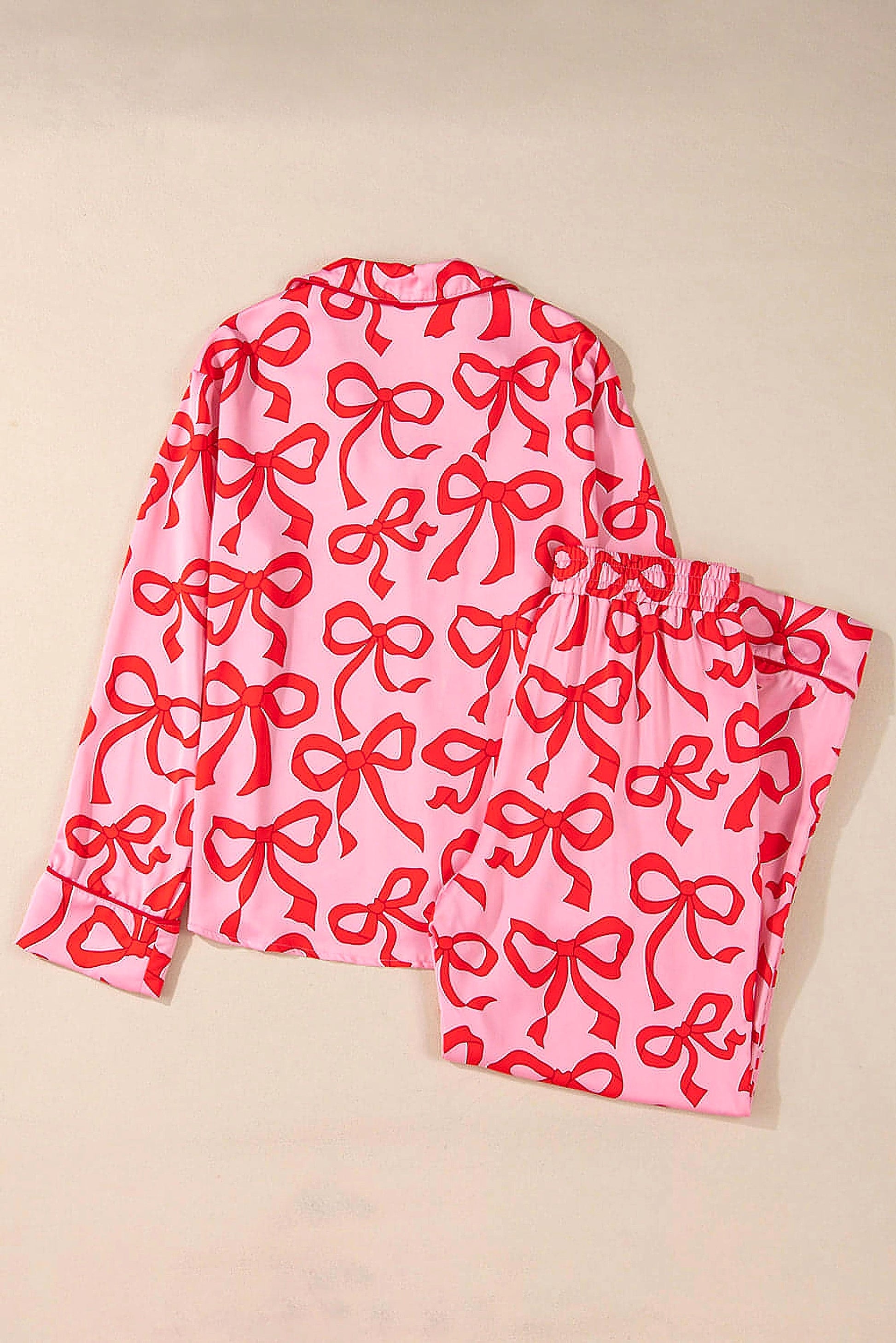 Pink 2pcs Bow Print Shirt Style Long Sleeve Pajama Set - enhanced image 12