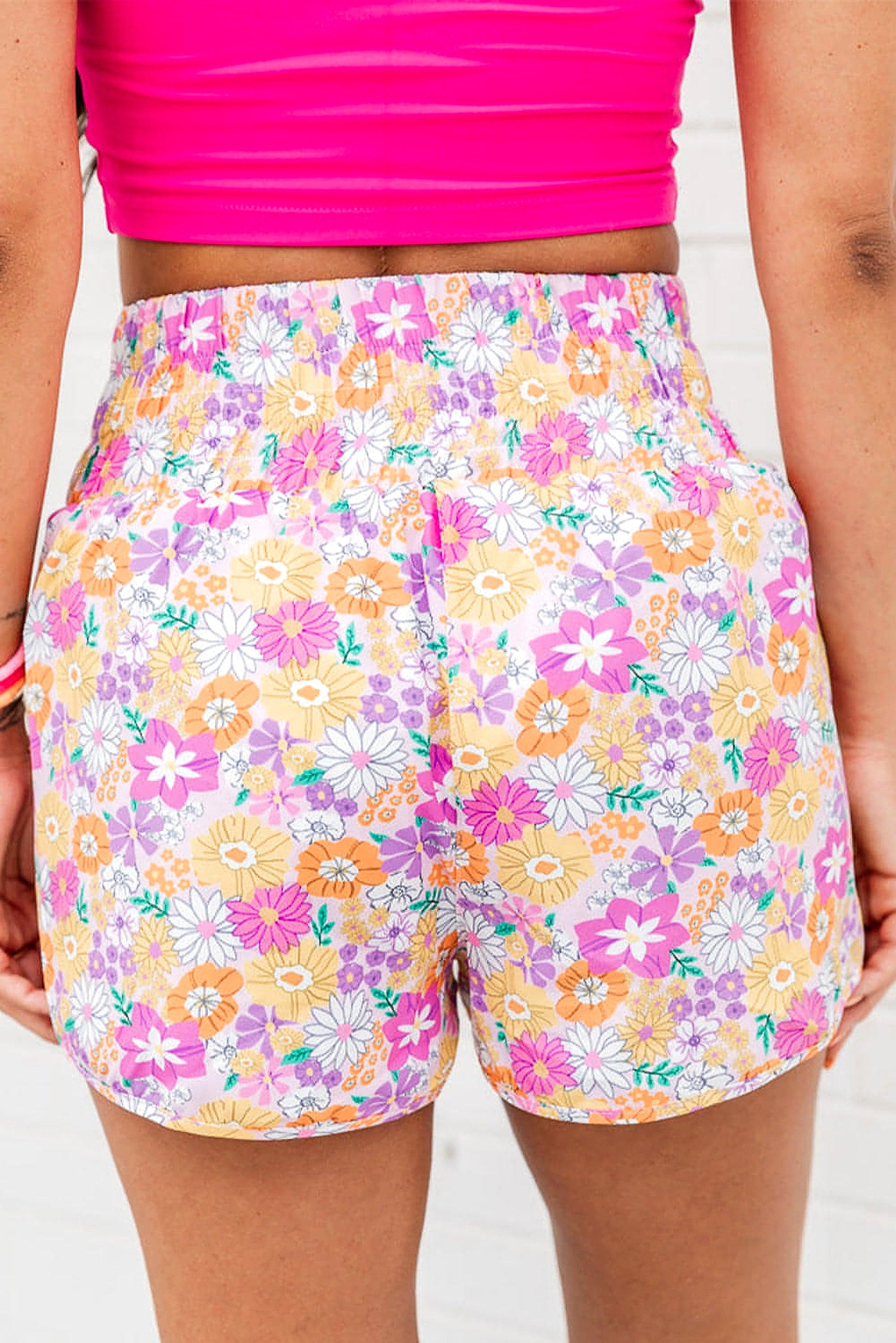 Pink Boho Floral Shirred High Waist Casual Shorts - enhanced image 12