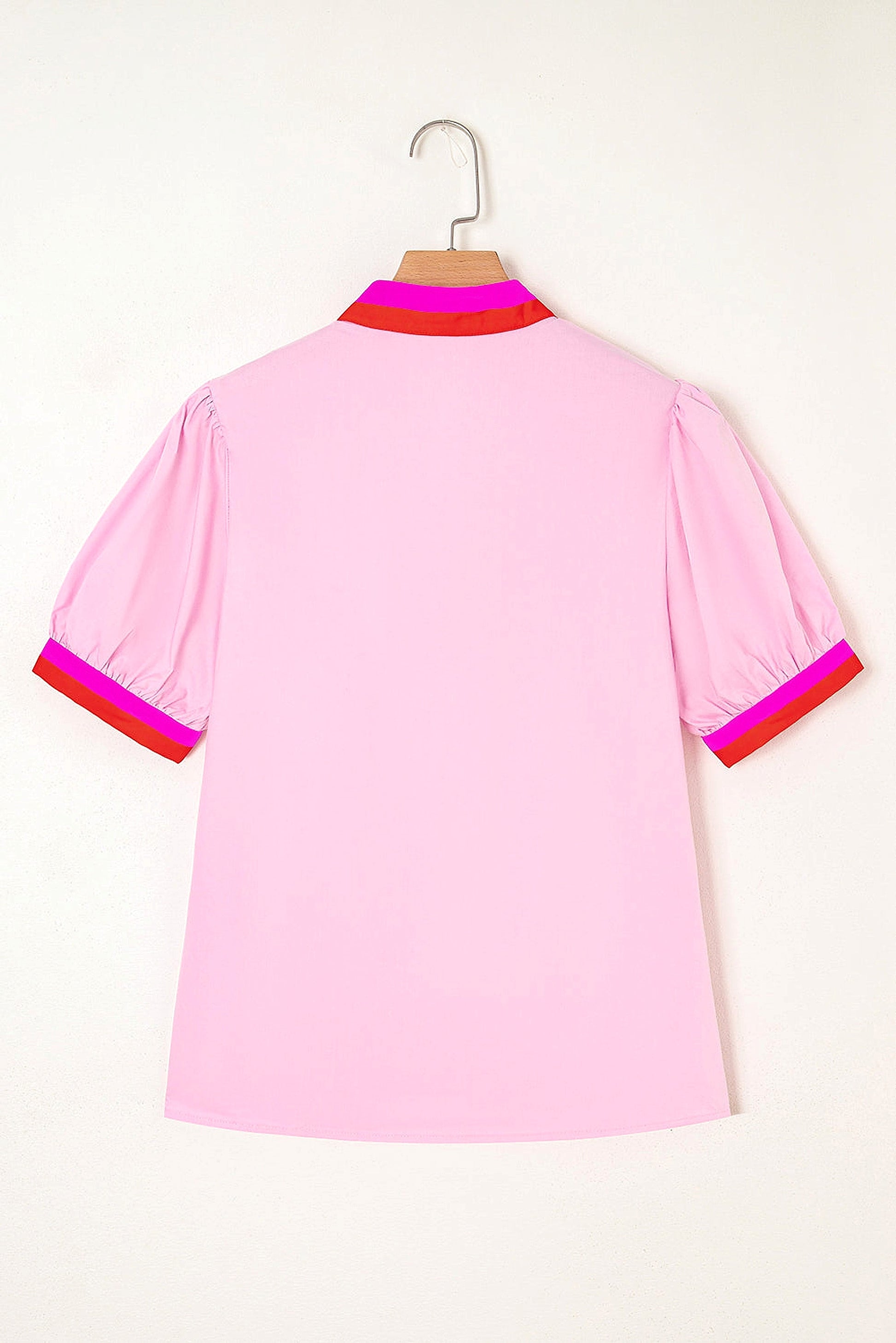 Pink Contrast Striped V Neck Collision Short Puff Sleeve Blouse - enhanced image 12