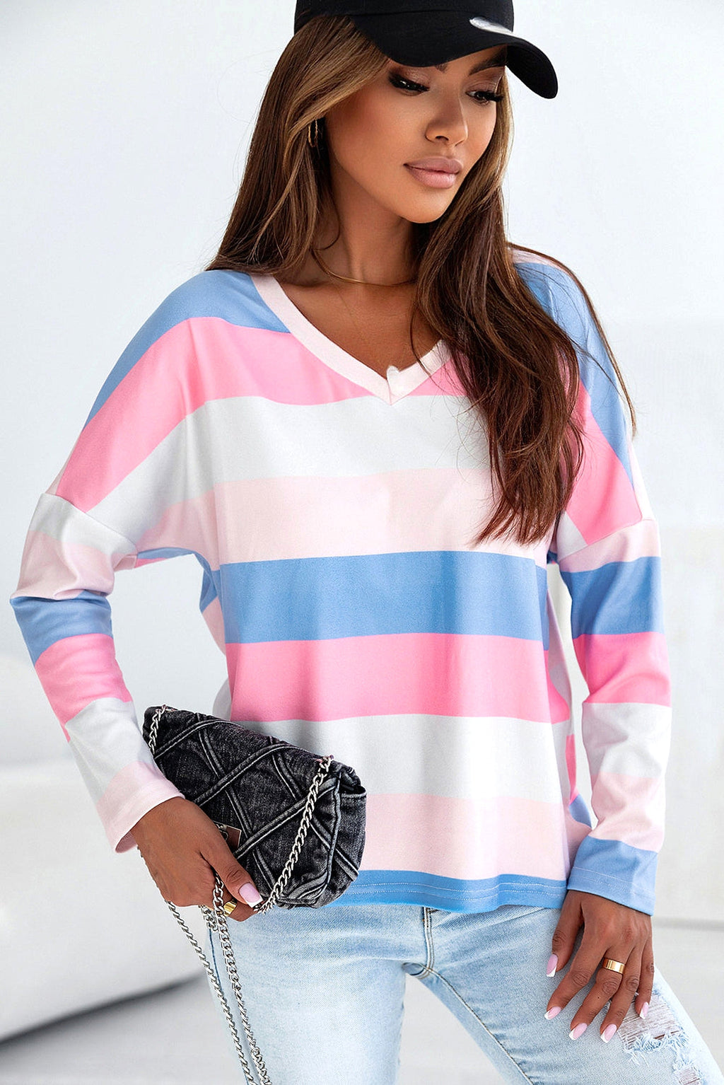 Pink Contrast Striped V Neck Long Sleeve Top - enhanced image 12