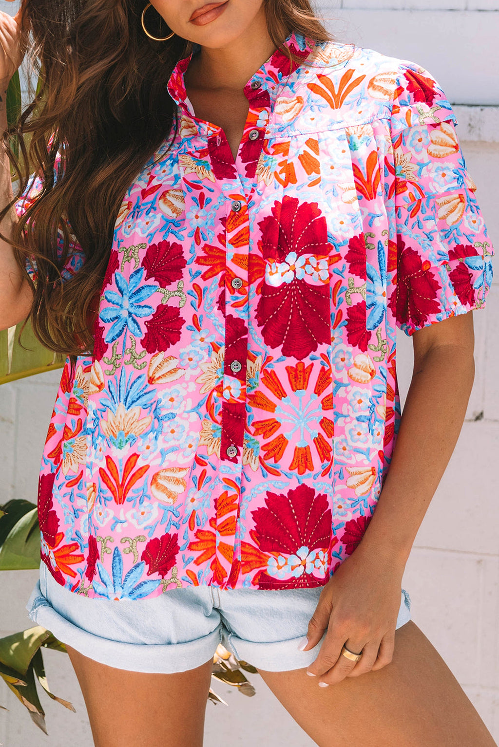 Pink Floral Print Bubble Sleeve Button Up Pleated Shirt - enhanced image 12