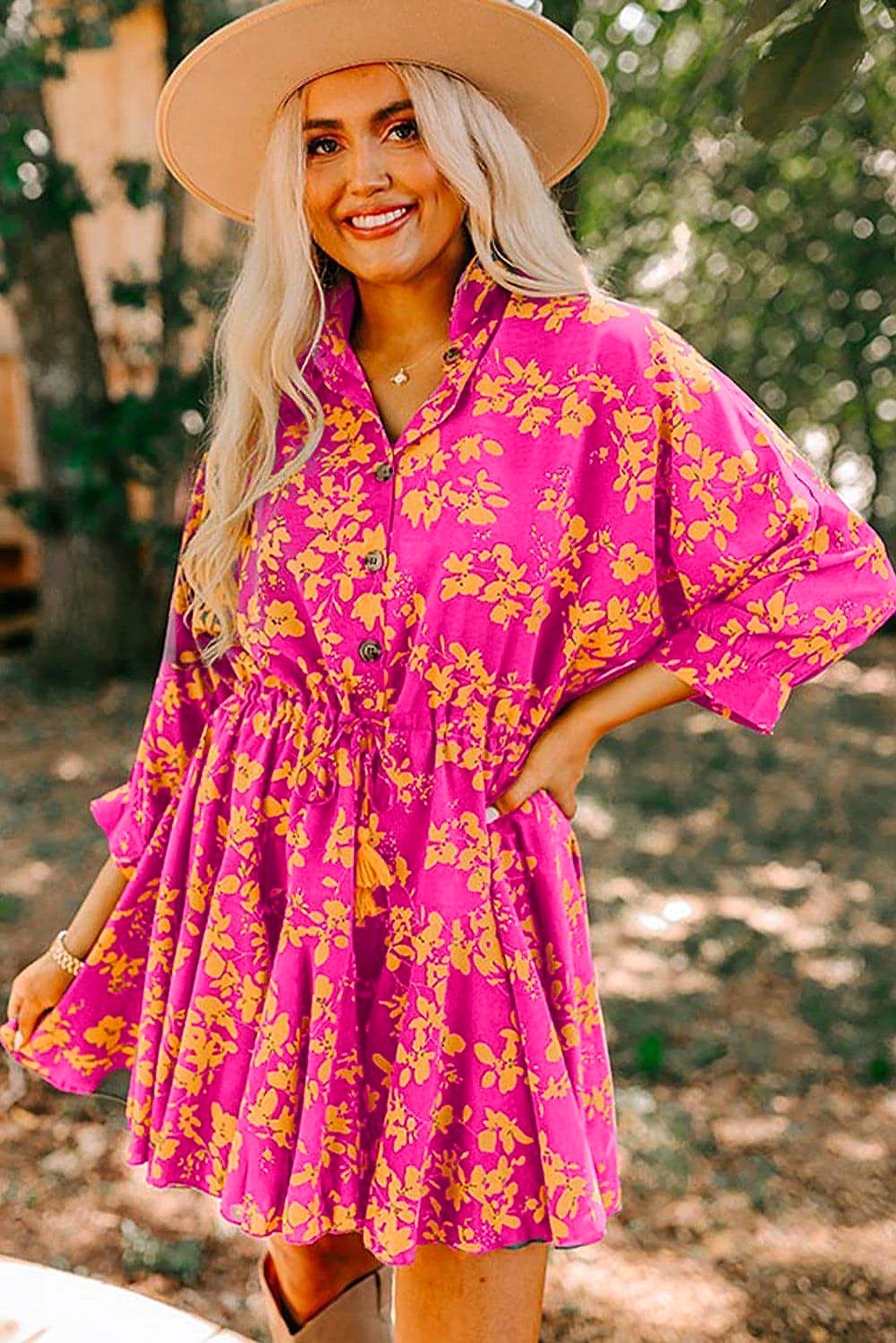 Pink Floral Print Drawstring Tunic Flowy Short Dress - enhanced image 12
