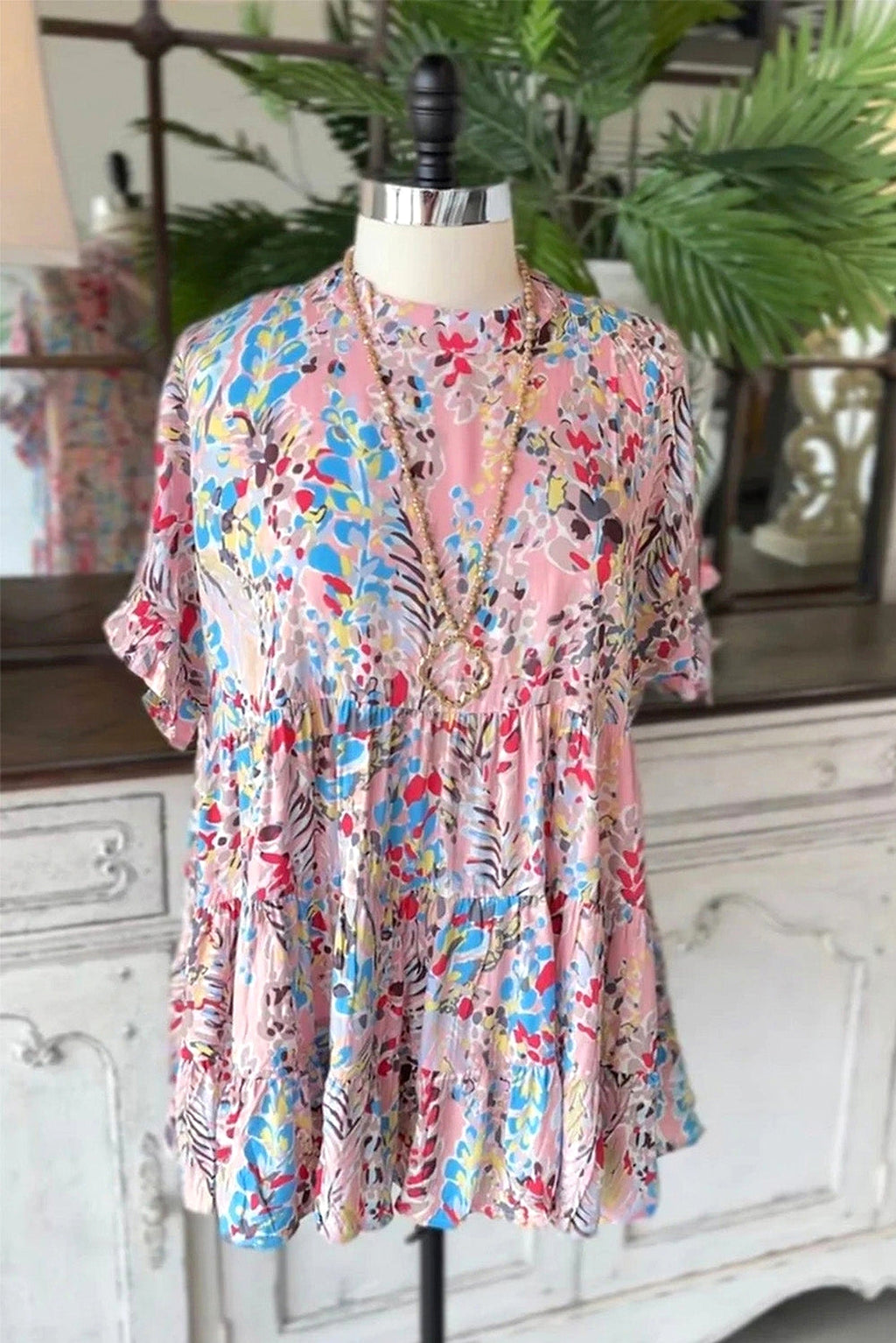 Pink Floral Print Ruffle Sleeve Babydoll Top - enhanced image 12