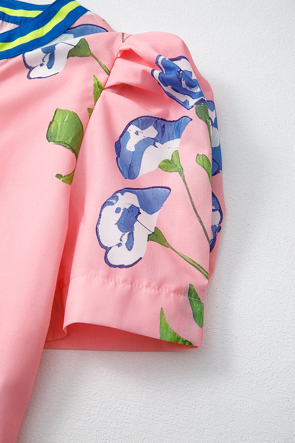 Pink Floral Print Striped Notched V Neck Bubble Sleeve Blouse - enhanced image 12
