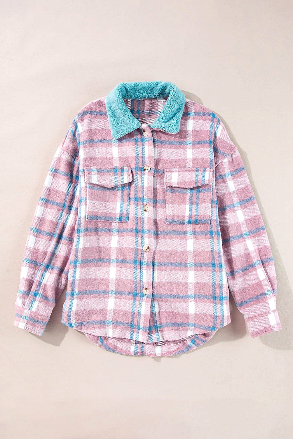 Pink Plaid Print Color Block Collared Flap Pockets Loose Shacket - enhanced image 12