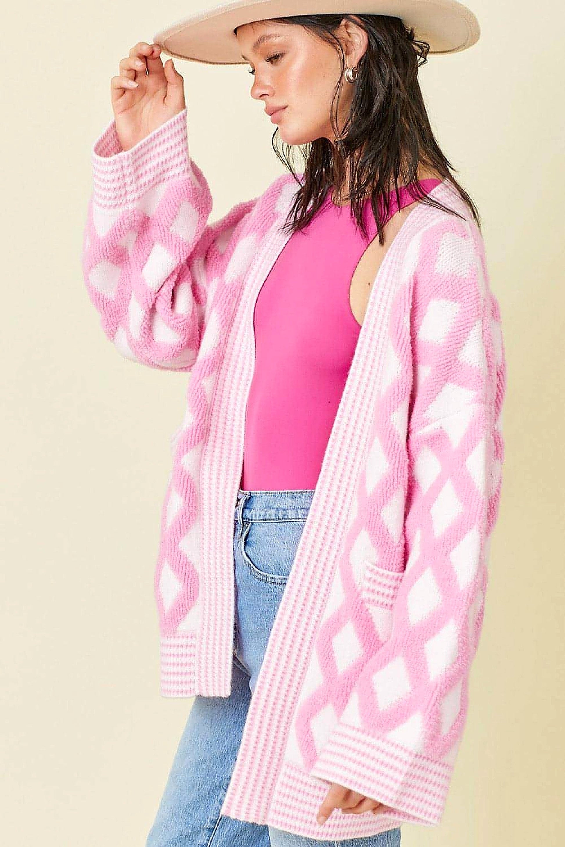 Pink Rhombus Pattern Knit Open Front Pocketed Cardigans - enhanced image 12