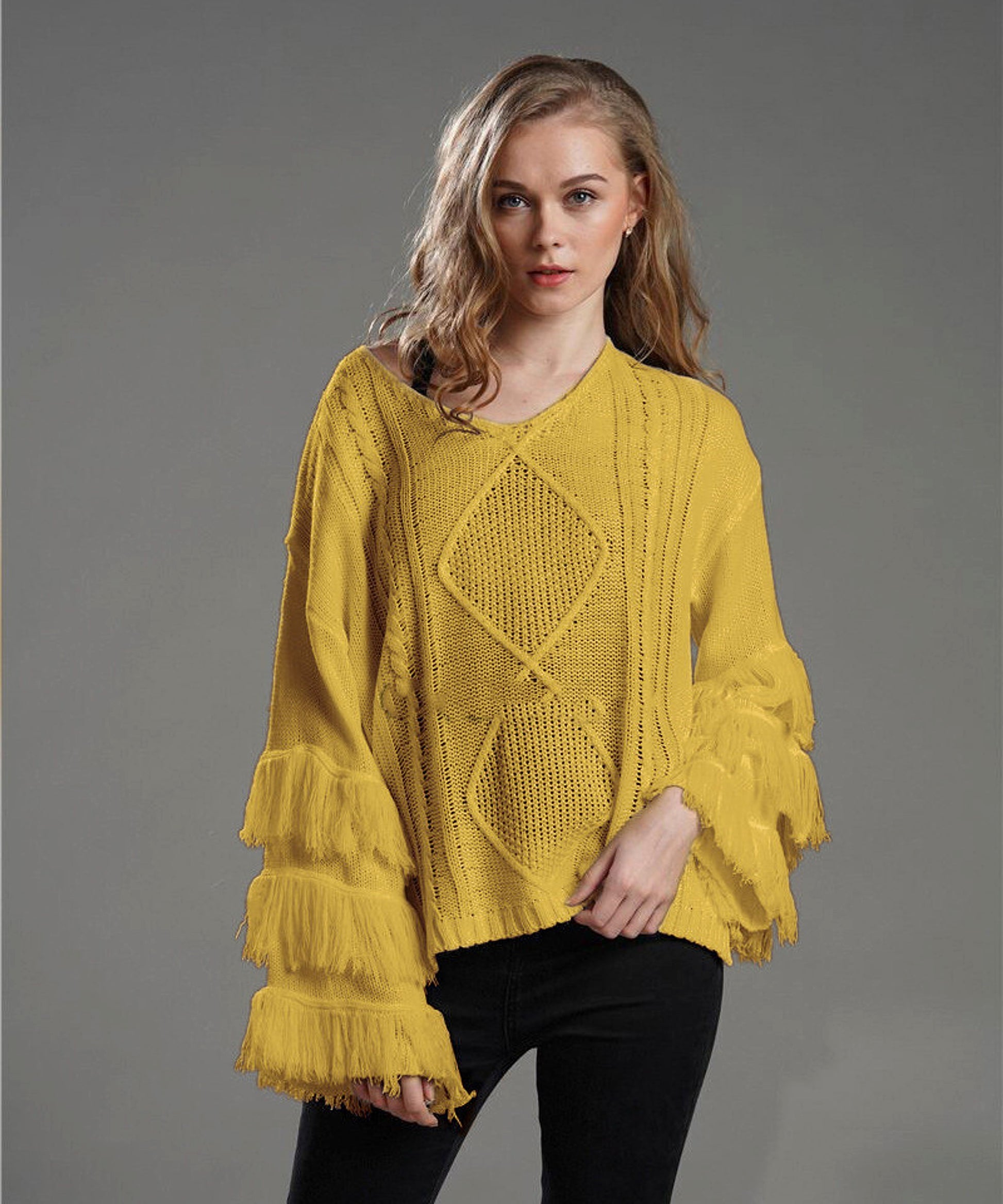 Pullover Loose Sweater Women Tassel Pure Color - enhanced image 12
