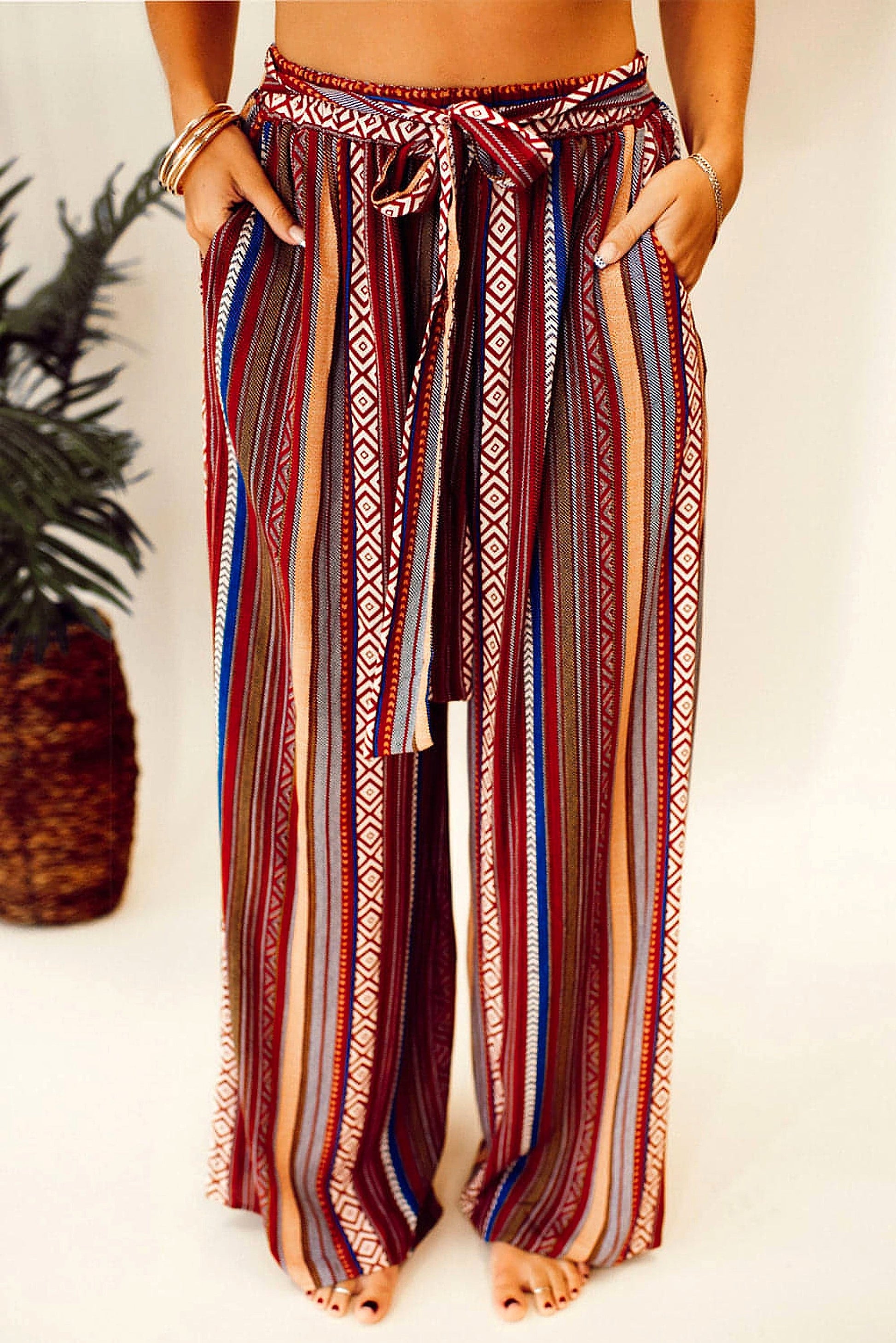 Red Boho Ethnic Striped Print Tie Waist Wide Leg Pants - enhanced image 12