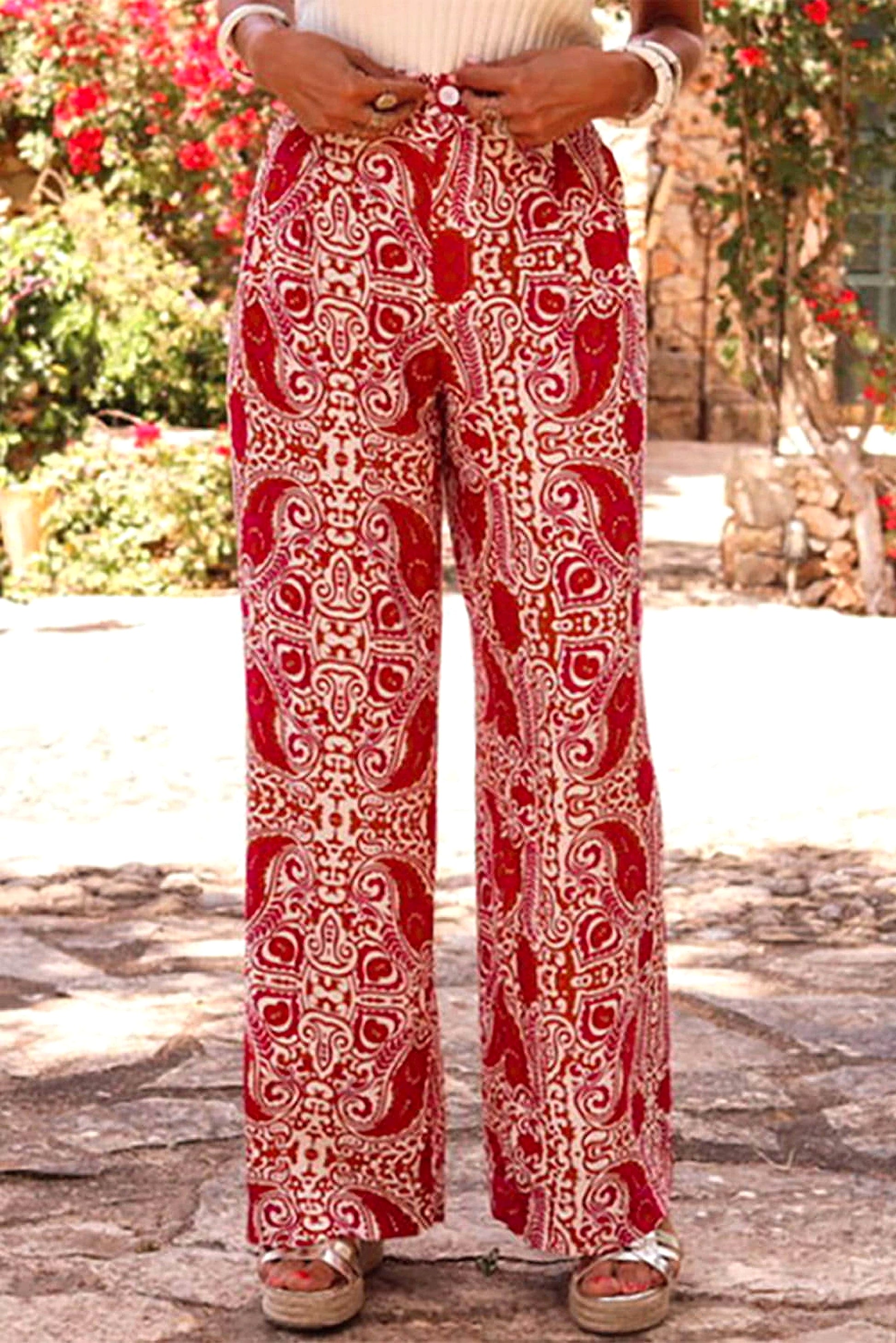 Red Paisley Printed Buttoned High Waist Straight Leg Pants - enhanced image 12