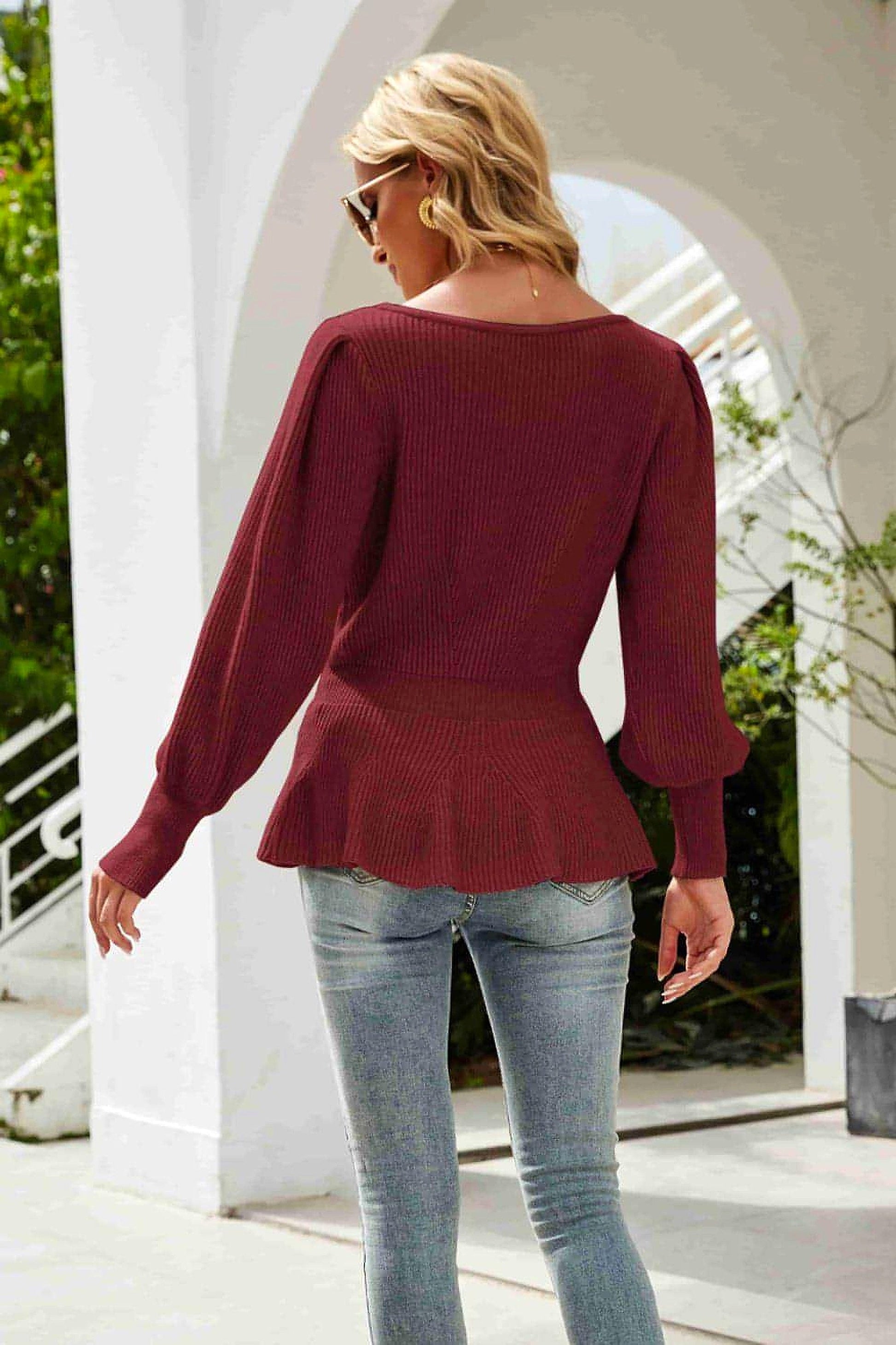Ribbed Round Neck Lantern Sleeve Sweater - enhanced image 12