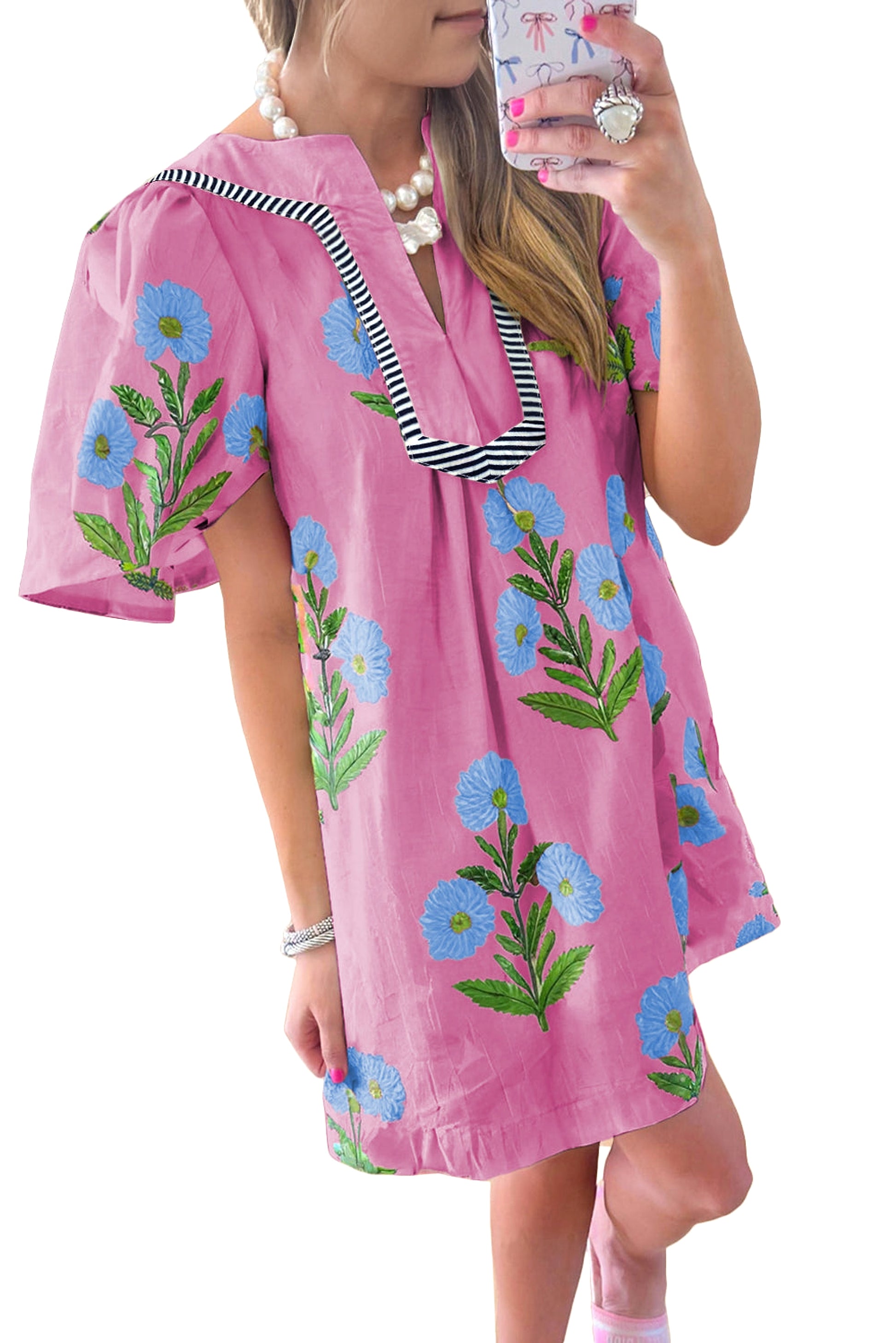 Rose Floral Short Sleeve Split Neck Loose Mini Dress - enhanced image 12