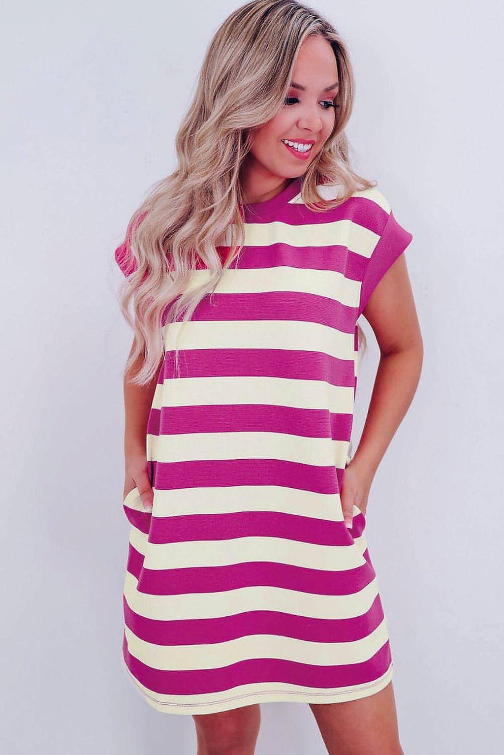 Rose Stripe Cap Sleeve Pocketed Shift T-shirt Dress - enhanced image 12