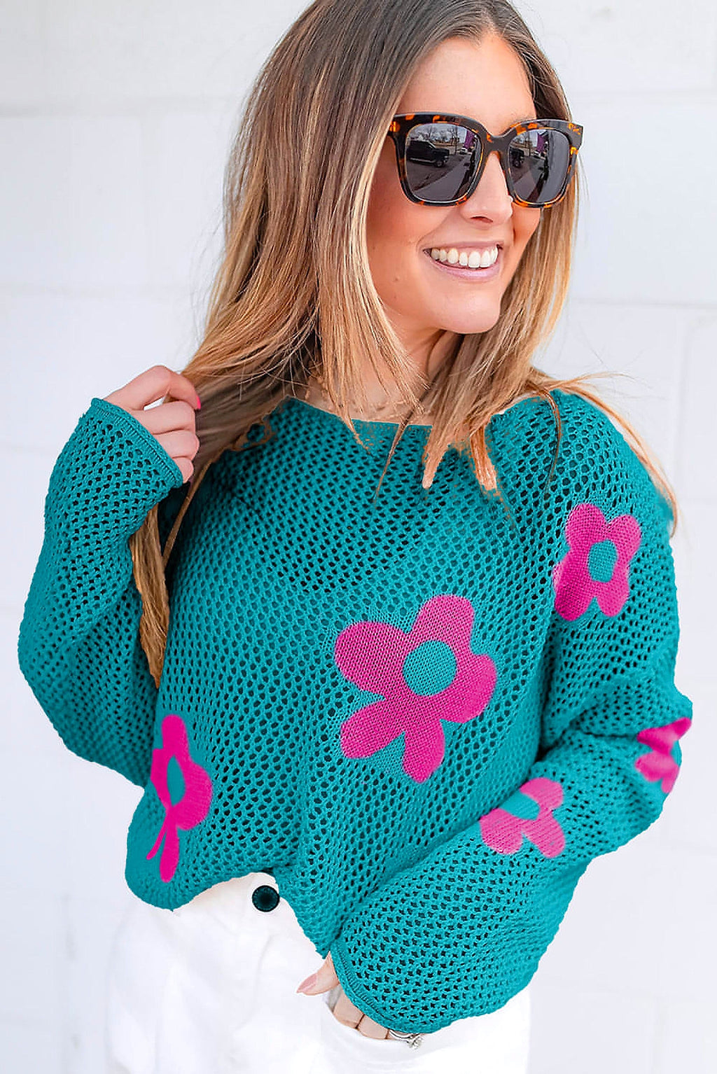 Sea Green Big Flower Hollowed Knit Drop Shoulder Sweater - enhanced image 12