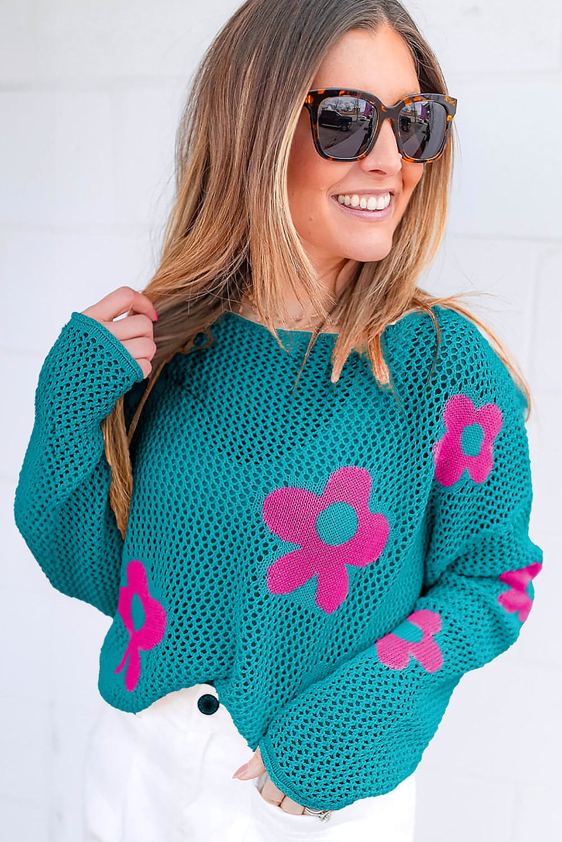 Sea Green Big Flower Hollowed Knit Drop Shoulder Sweater - enhanced image 12