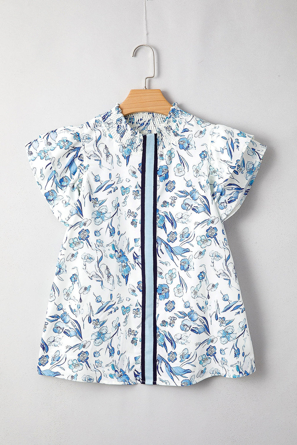 Sky Blue Floral Print Ruffled Short Sleeve Blouse - enhanced image 12