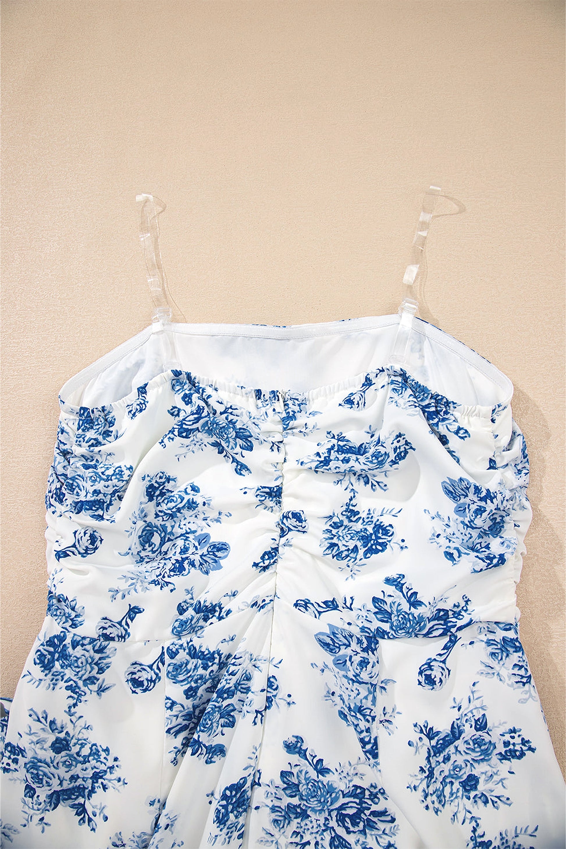 Sky Blue Floral Print Strapless Zipped Back Knot Waist Ruffled Romper - enhanced image 12