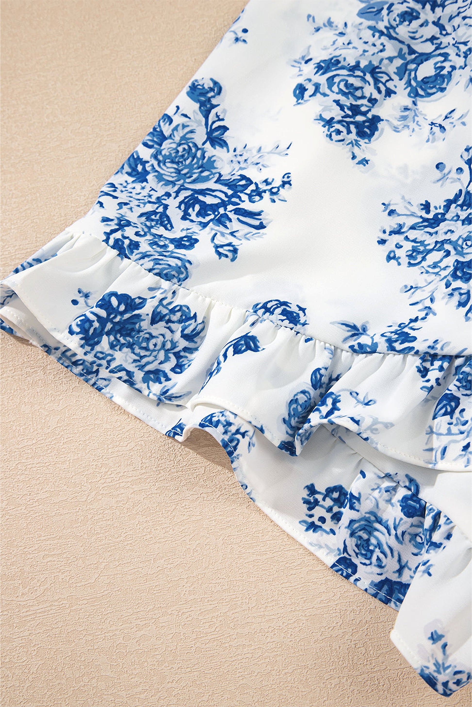 Sky Blue Floral Print Strapless Zipped Back Knot Waist Ruffled Romper - enhanced image 12