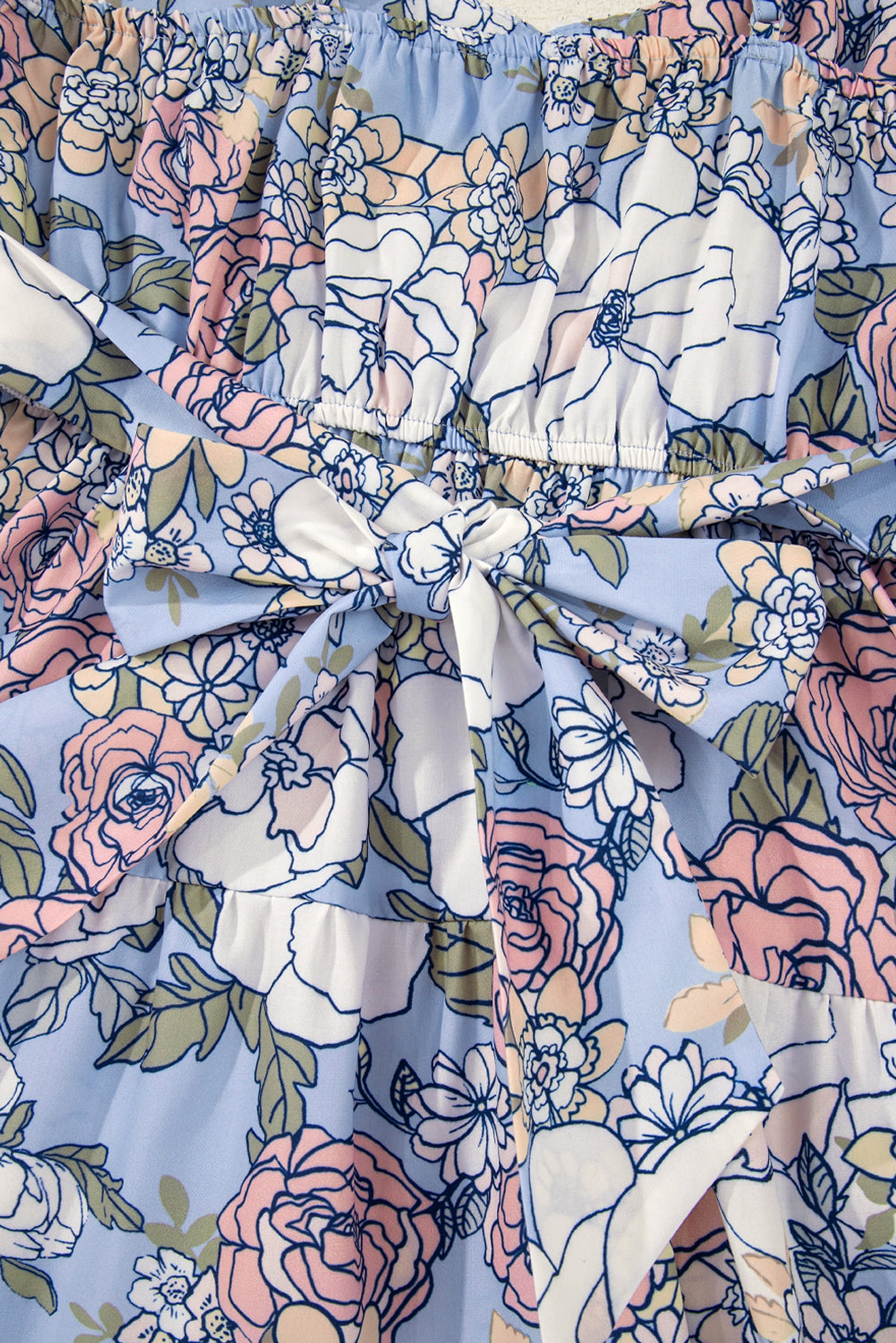 Sky Blue Floral Tiered Patchwork Spaghetti Strap Vacation Dress - enhanced image 12