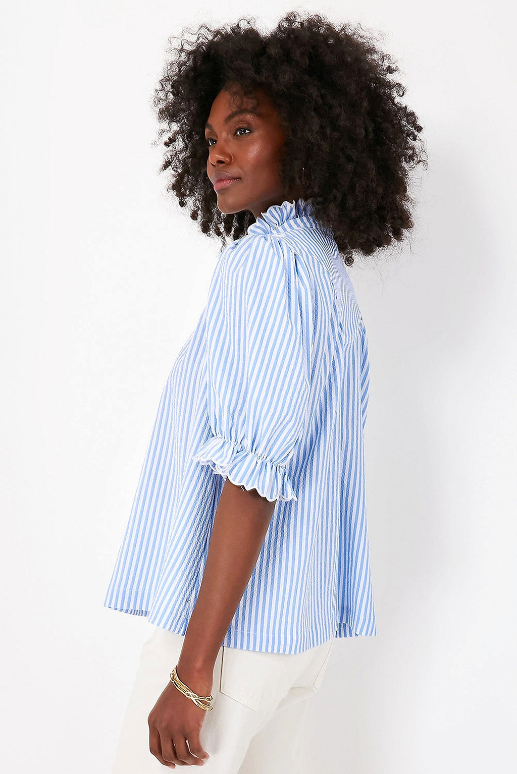 Sky Blue Stripe Ruffled Collar Puff Sleeve Half Buttons Blouse - enhanced image 12