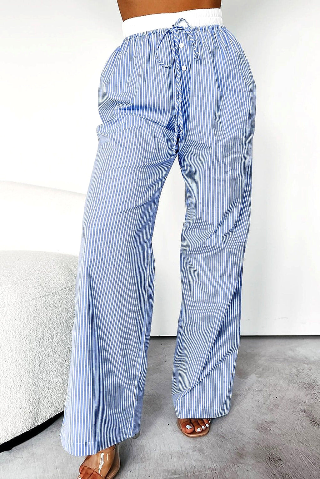 Sky Blue Stripe Wide Leg Buttoned Lace up Elastic High Waist Pants - enhanced image 12