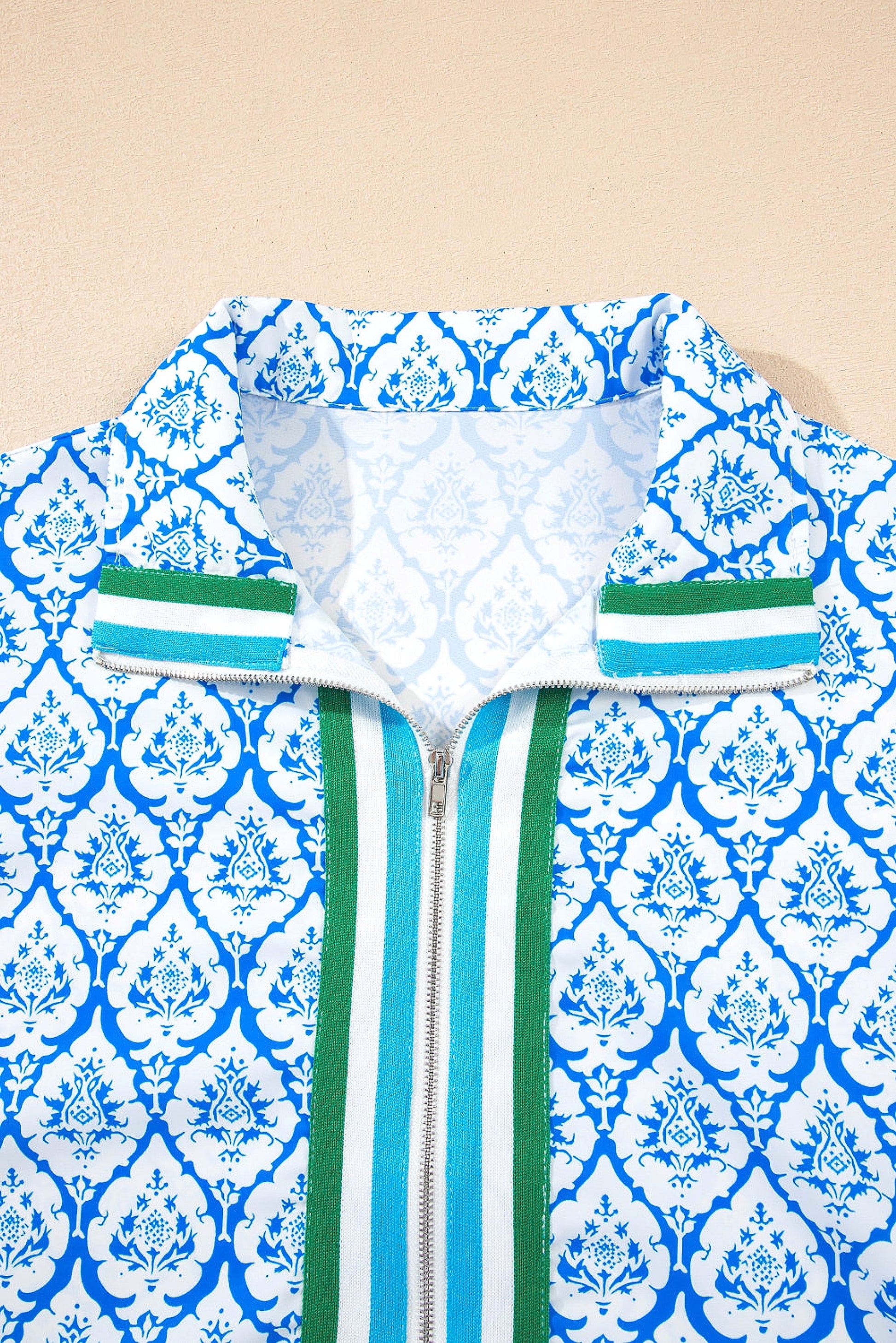 Sky Blue Western Print Zipped Collar Short Sleeve Summer Blouse Top - enhanced image 12
