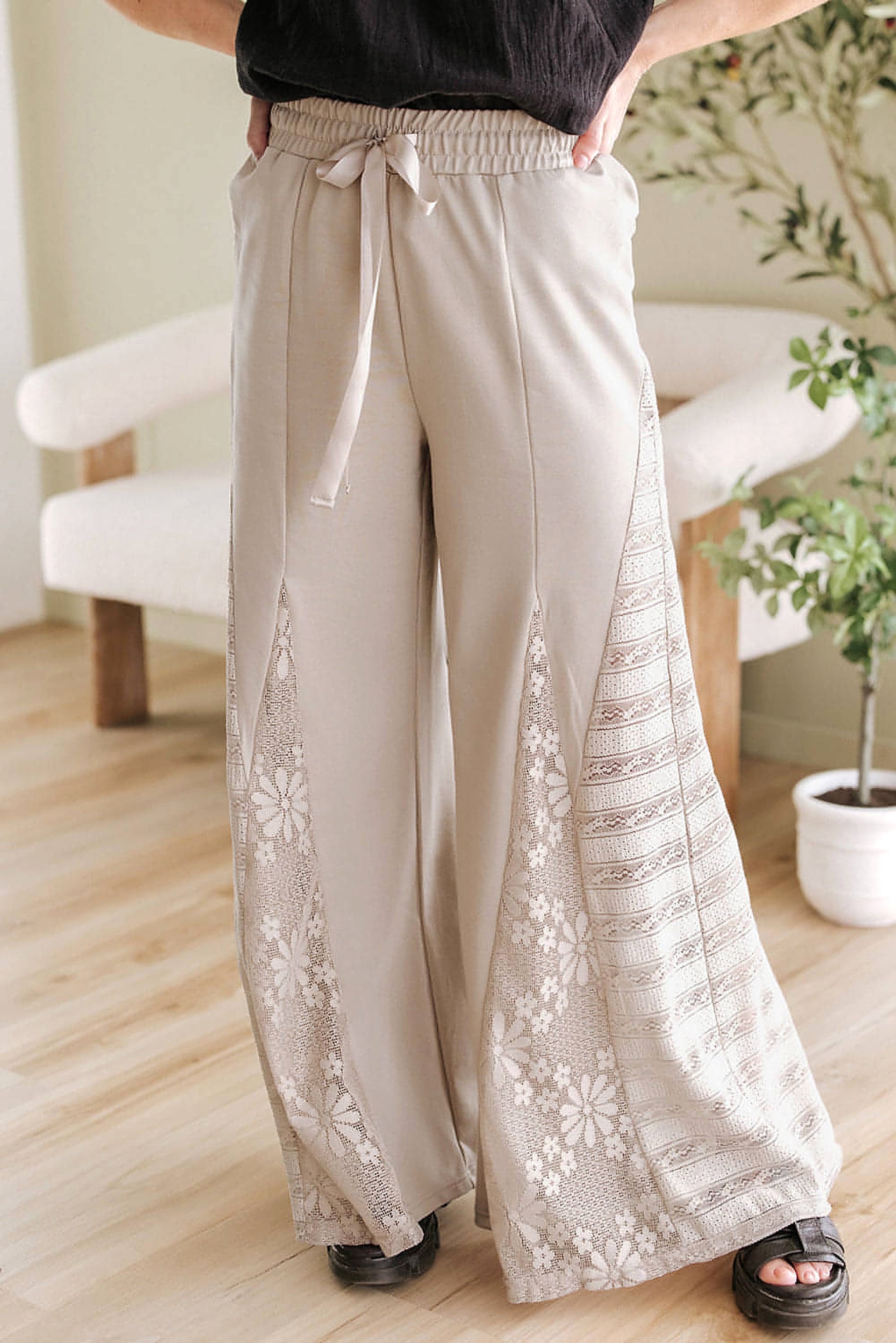 Smoke Gray Boho Lace Patchwork Wide Leg High Waist Pants - enhanced image 12