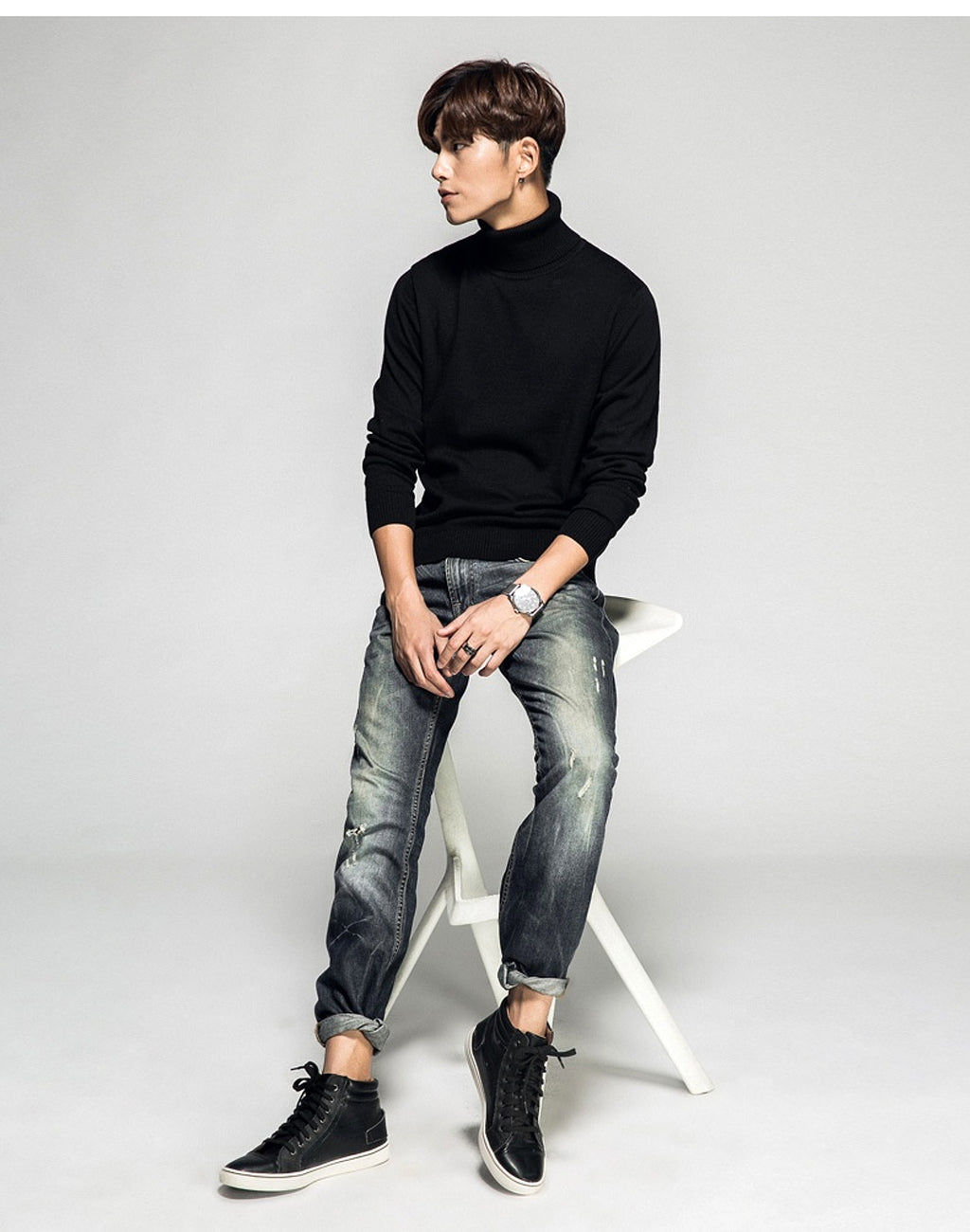 Solid Color Long Sleeve Turtleneck Pullover Men's Base Sweater - enhanced image 12