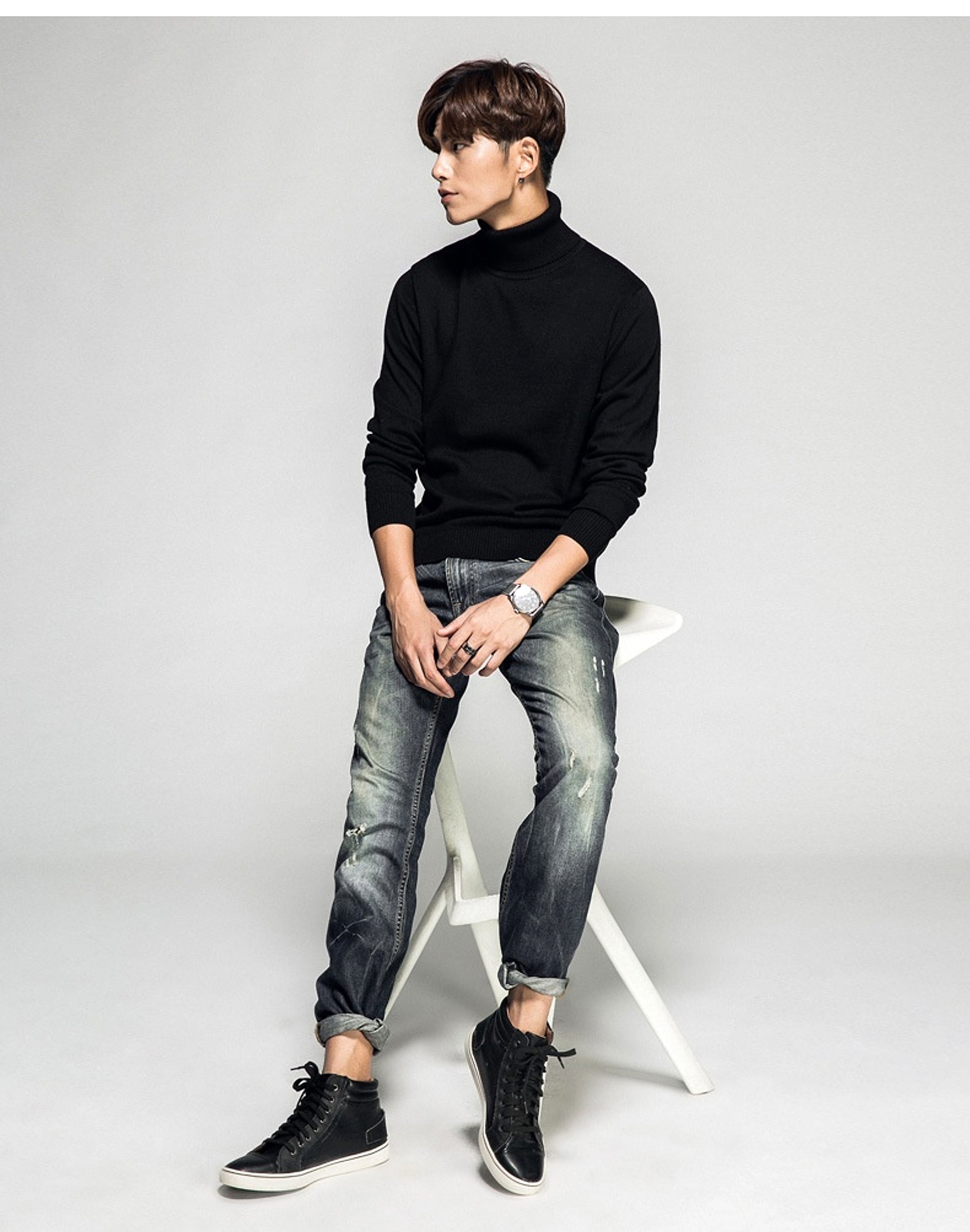Solid Color Long Sleeve Turtleneck Pullover Men's Base Sweater - enhanced image 12