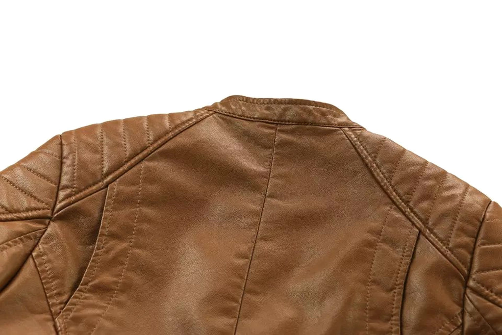 Standing Collar Motorcycle Pu Slim Leather Jacket Women Short - enhanced image 12