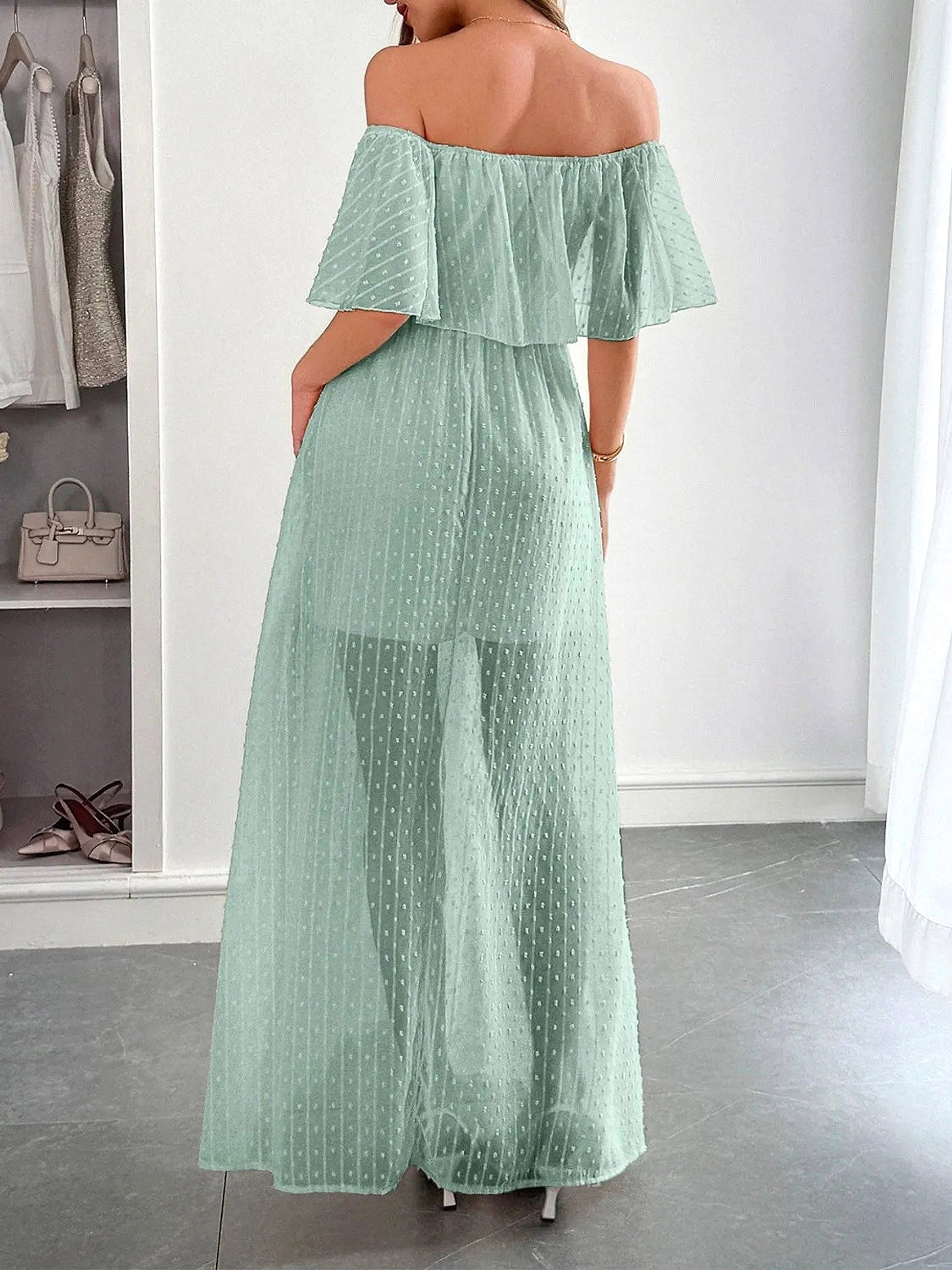 Swiss Dot Off Shoulder Maxi Dress - enhanced image 12