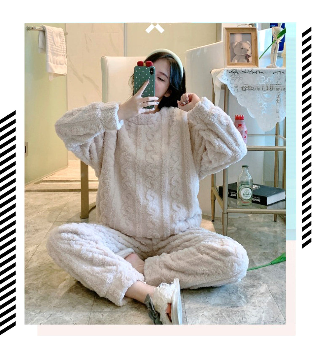 Thick Fleece Pajamas Women's Thermal Round-neck Flannel Homewear Suit - enhanced image 12
